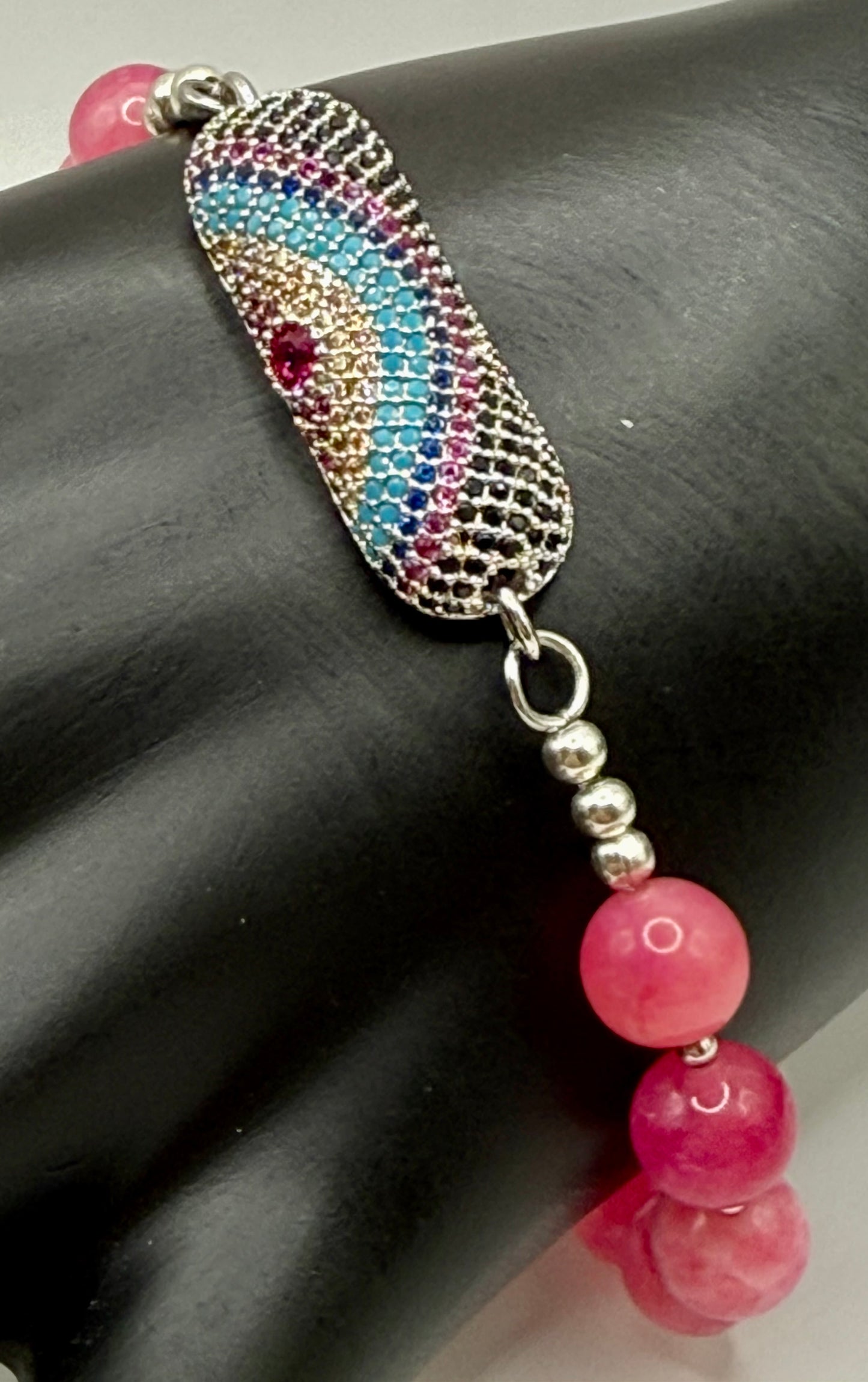 8” Pink Jade Beaded Bracelet with Sparkling Rainbow Focal | Handmade Gemstone Bracelet with Clasp | Gift for Her | Pink Crystal Jewelry