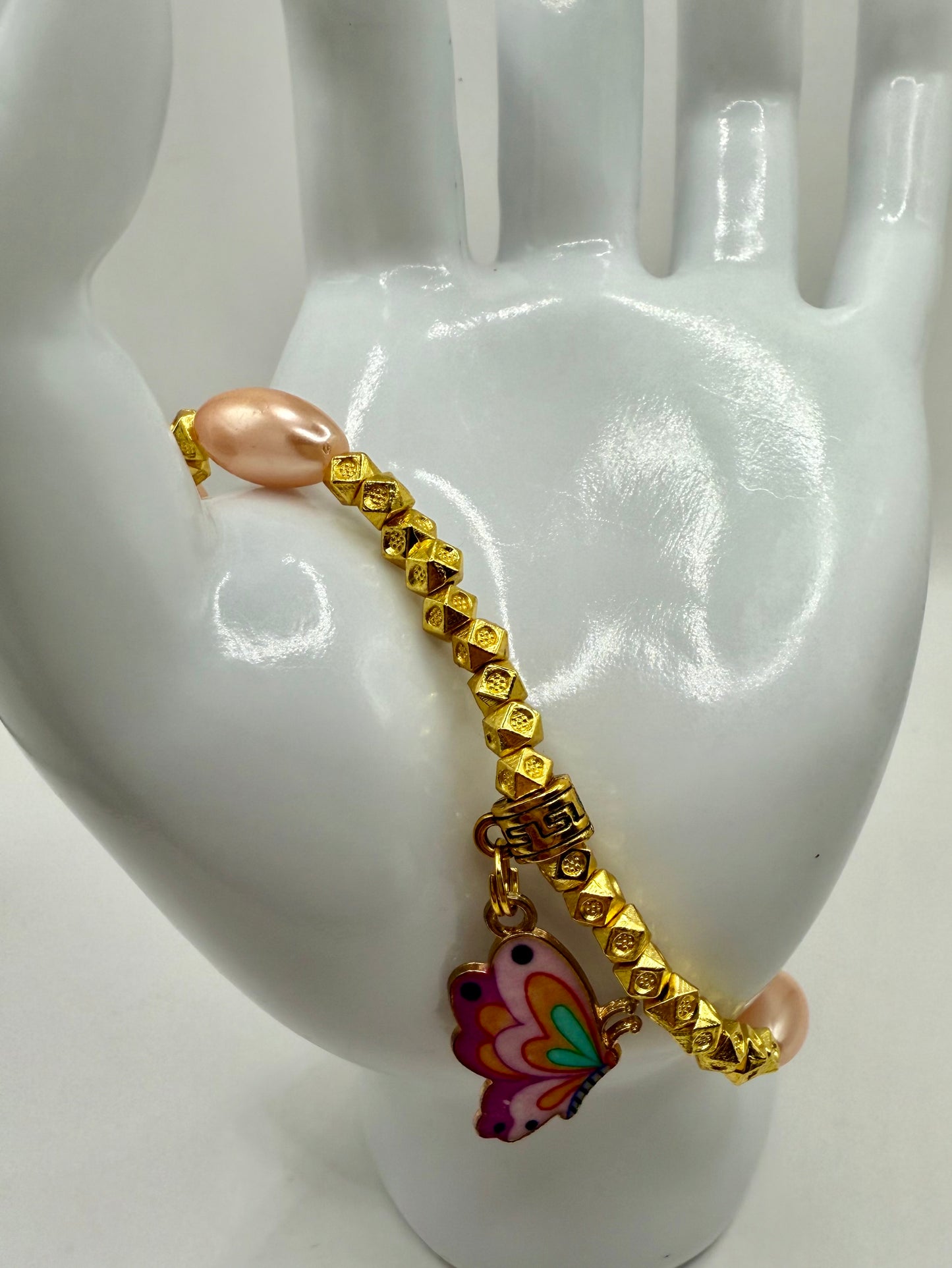 7.75” Peach Glass Bead Stretch Bracelet with Gold Accents – Handmade Jewelry, Free Resizing