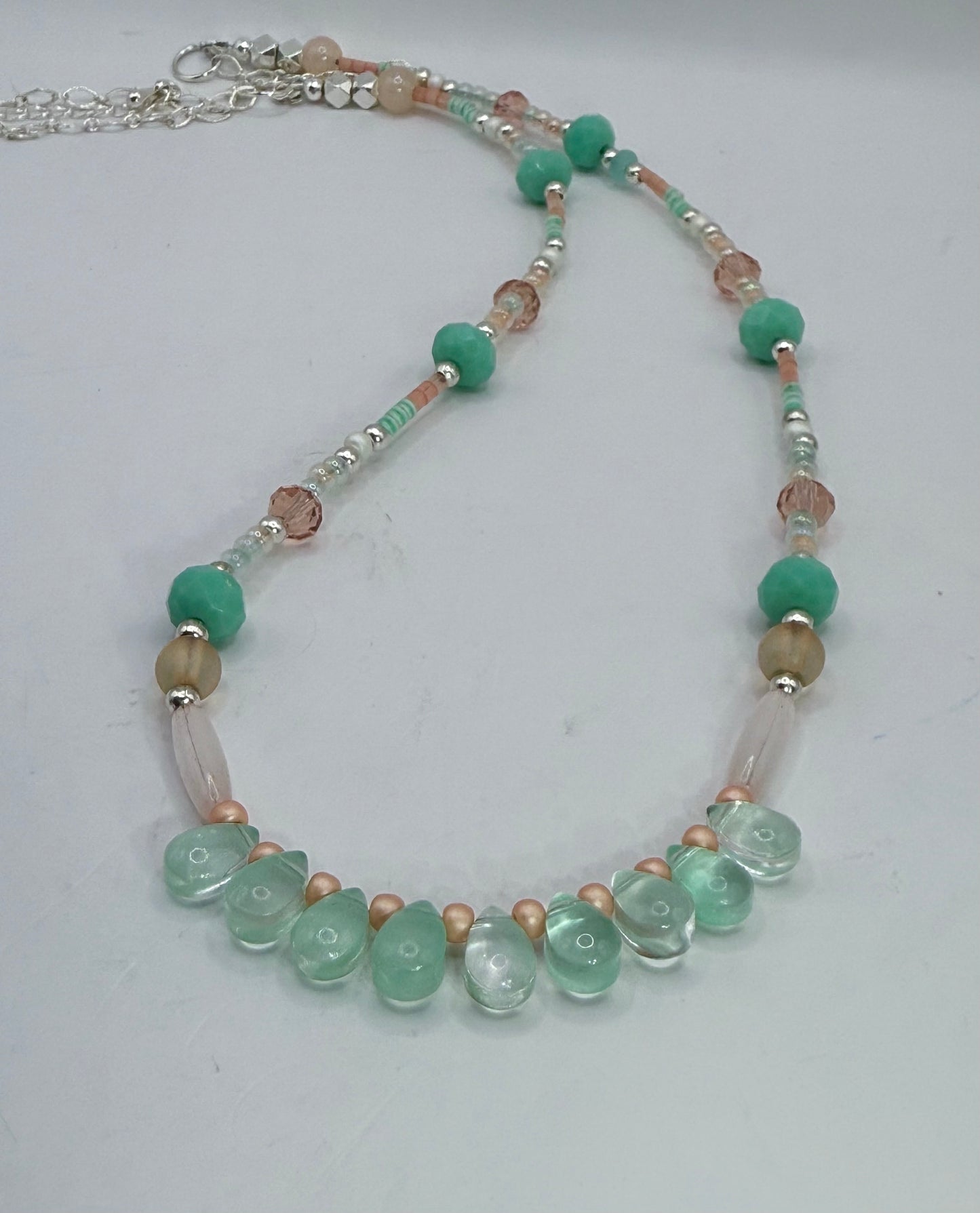 Aqua Glass Teardrop Beaded Necklace – 24” Handmade Boho Pastel Statement Piece