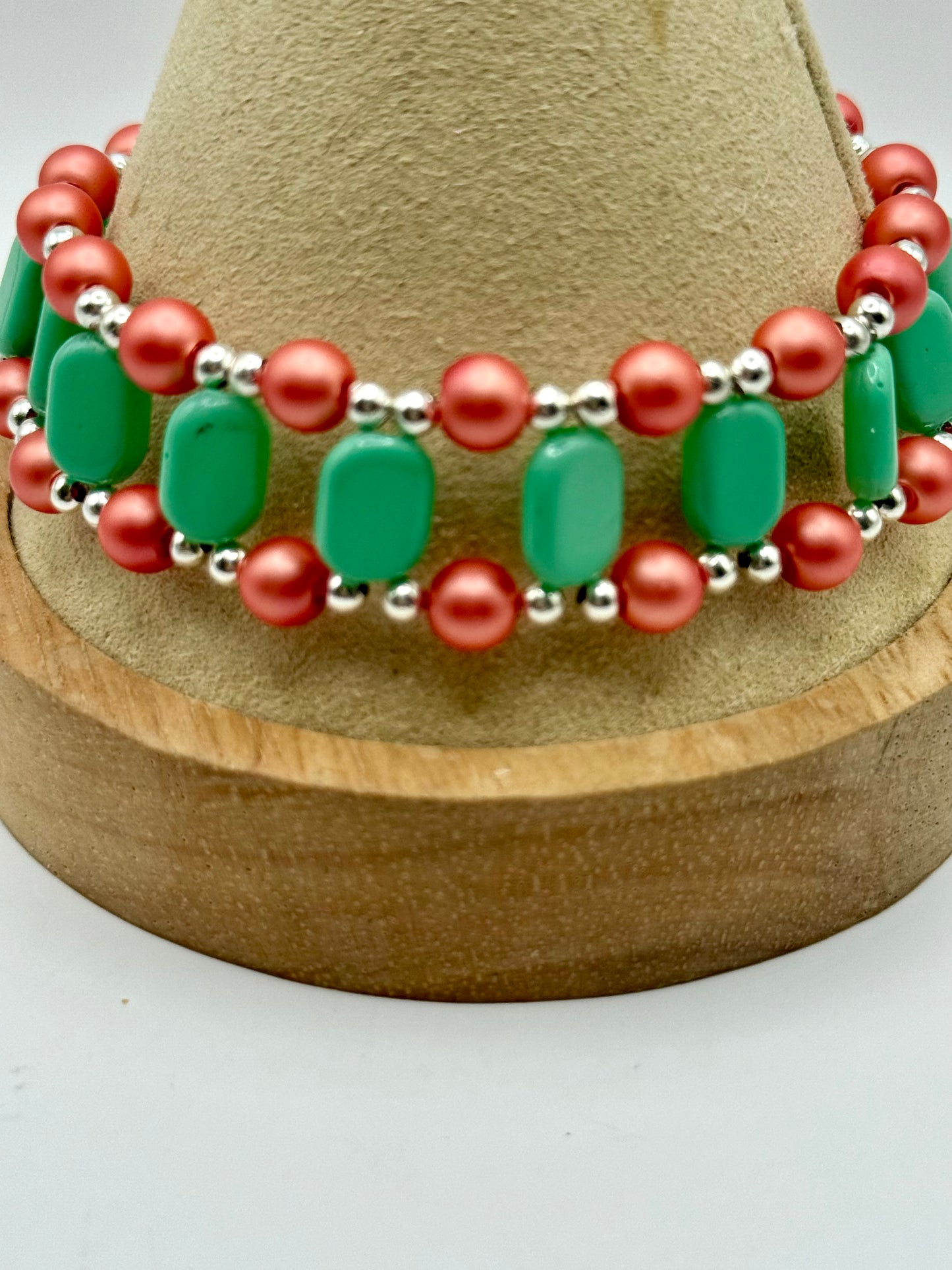 Double Strand Bracelet with Green and Coral Beads | 7.5”-7.75” Clasp Bracelet | Handmade Jewelry Gift for Her