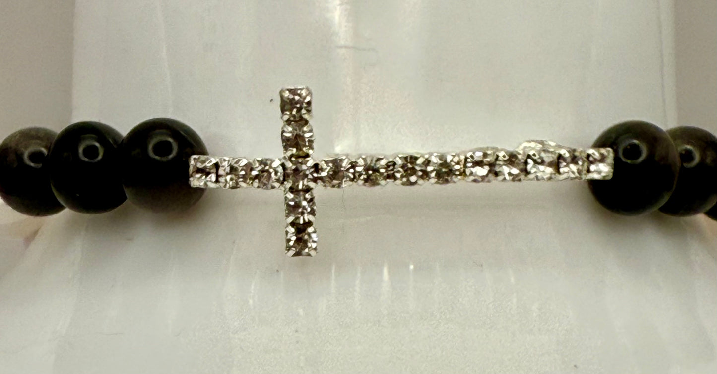 Rose Quartz & Amethyst Cross Stretch Bracelet 7.5"