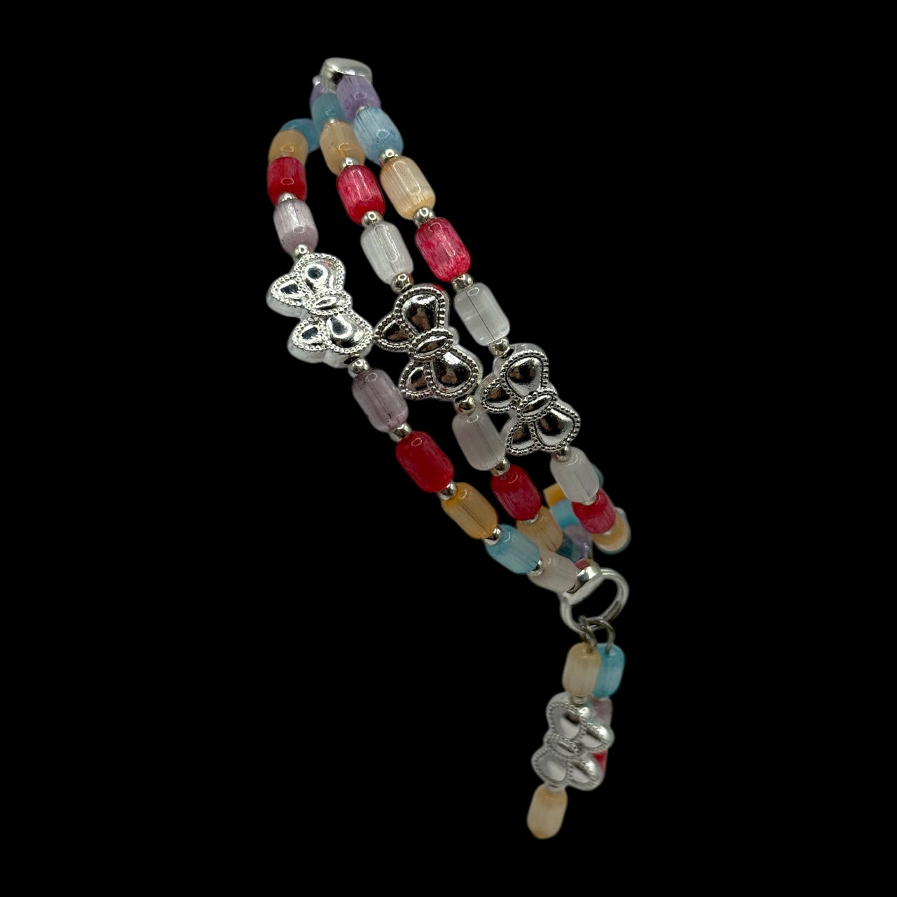 Colorful Cat Eye Beaded Wrap Bracelet with Silver Butterfly Charms | Adjustable Fit | Handmade Jewelry Gift