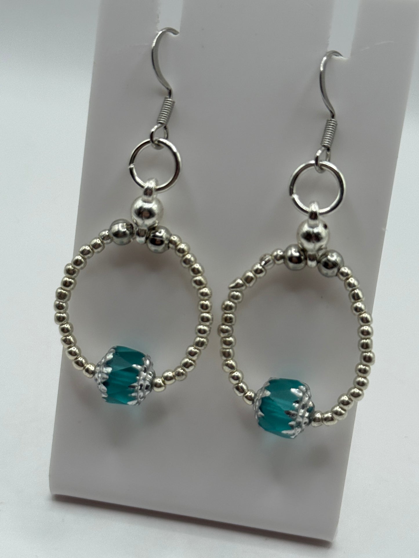 Silver Beaded Hoop Earrings with Teal Lantern Beads | Lightweight Boho Dangle Earrings | Handmade