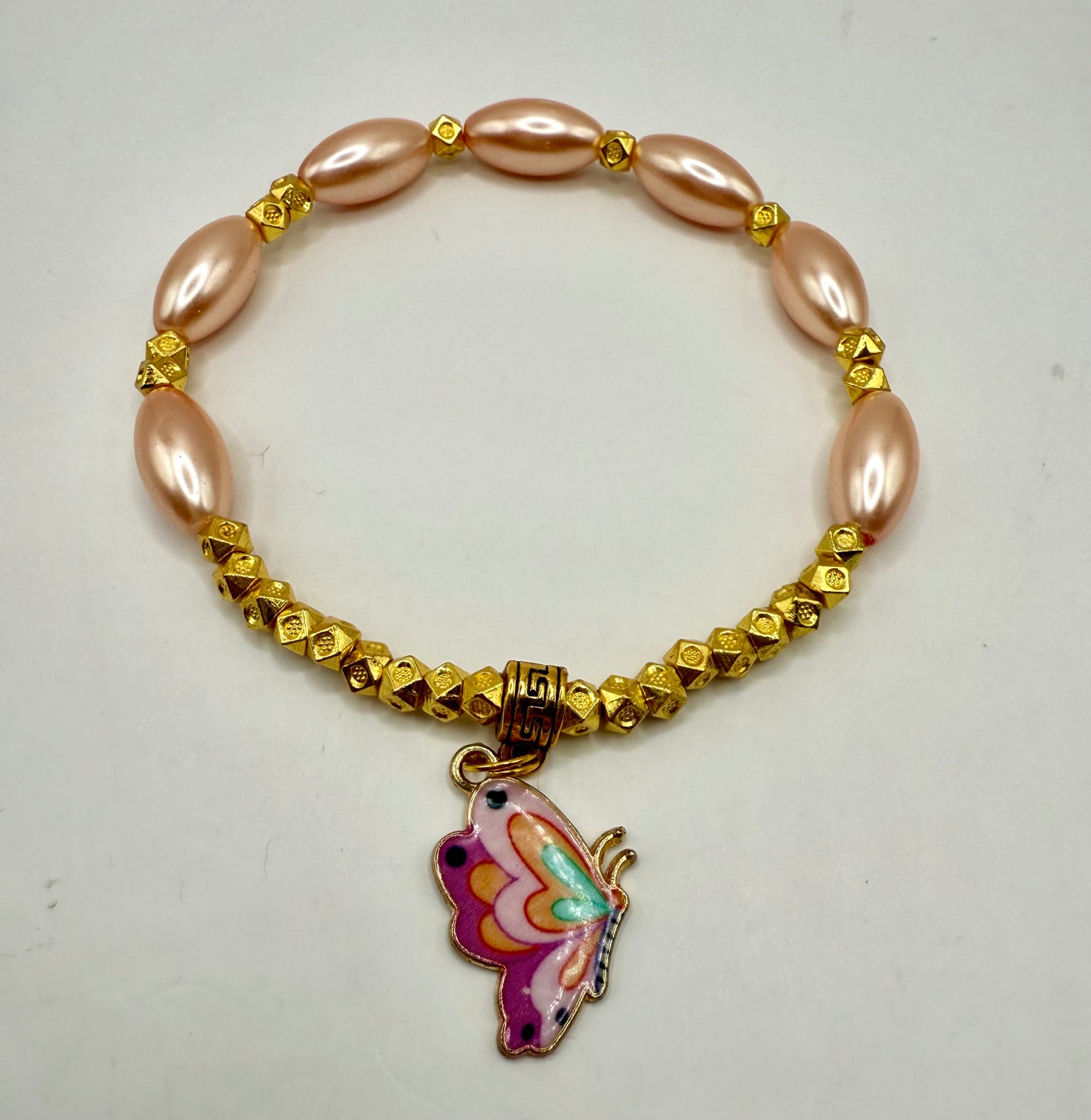 7.75” Peach Glass Bead Stretch Bracelet with Gold Accents – Handmade Jewelry, Free Resizing