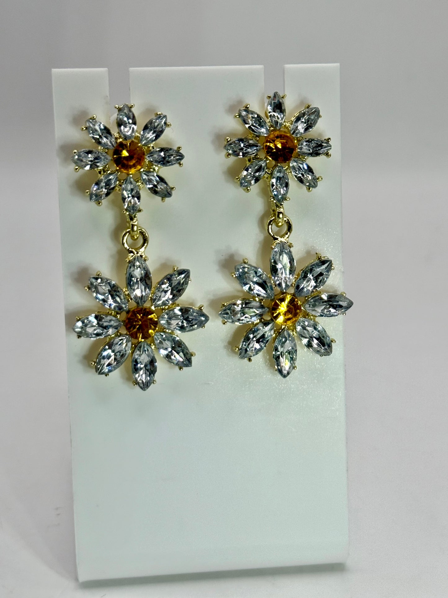 Crystal Daisy Drop Earrings – Yellow Center Flower Earrings, Sparkling Statement Jewelry