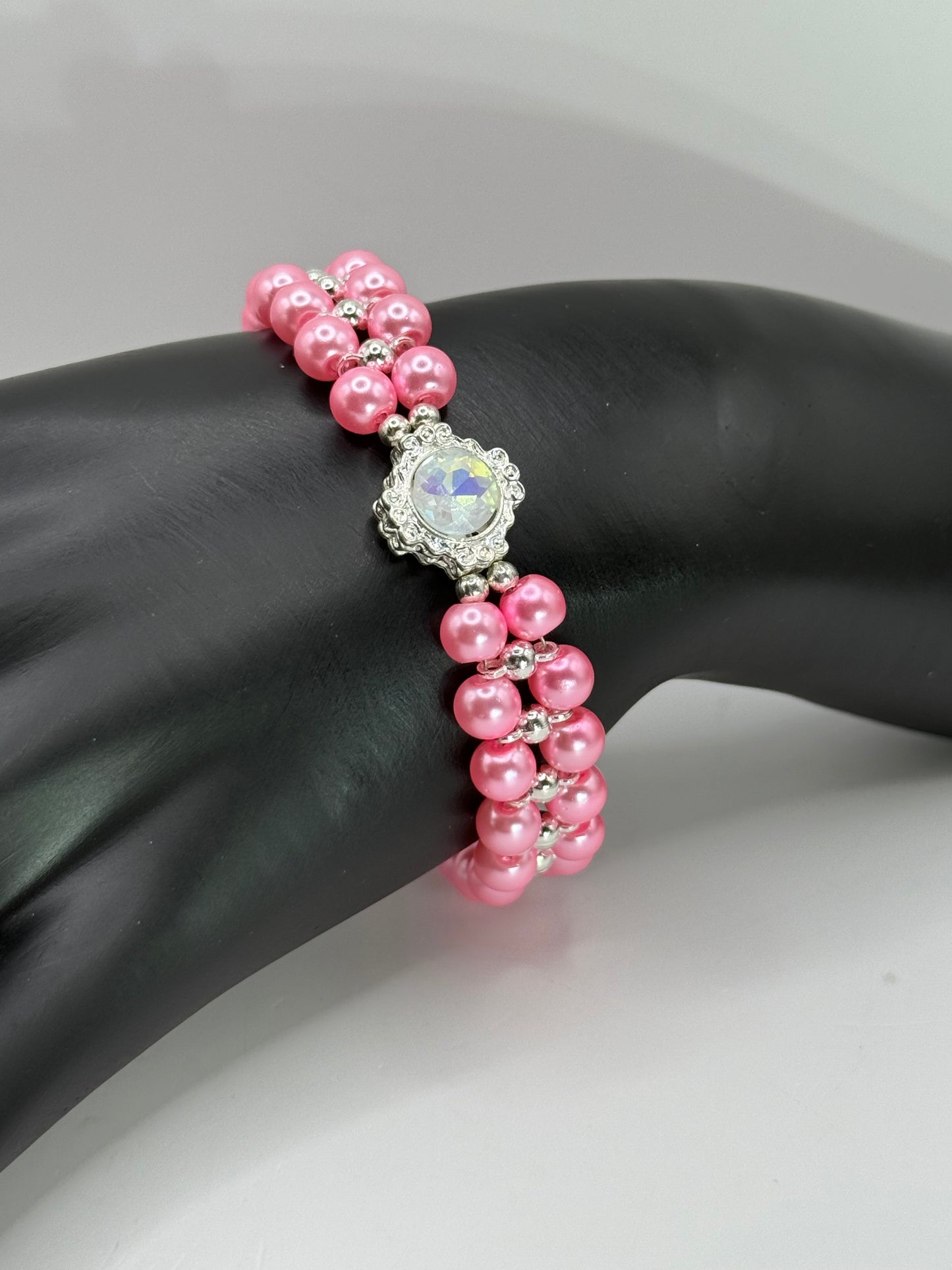 Pink Glass Pearl Bracelet with Opal Iridescent Focal | 8” Handmade Beaded Bracelet | Elegant Jewelry Gift for Her