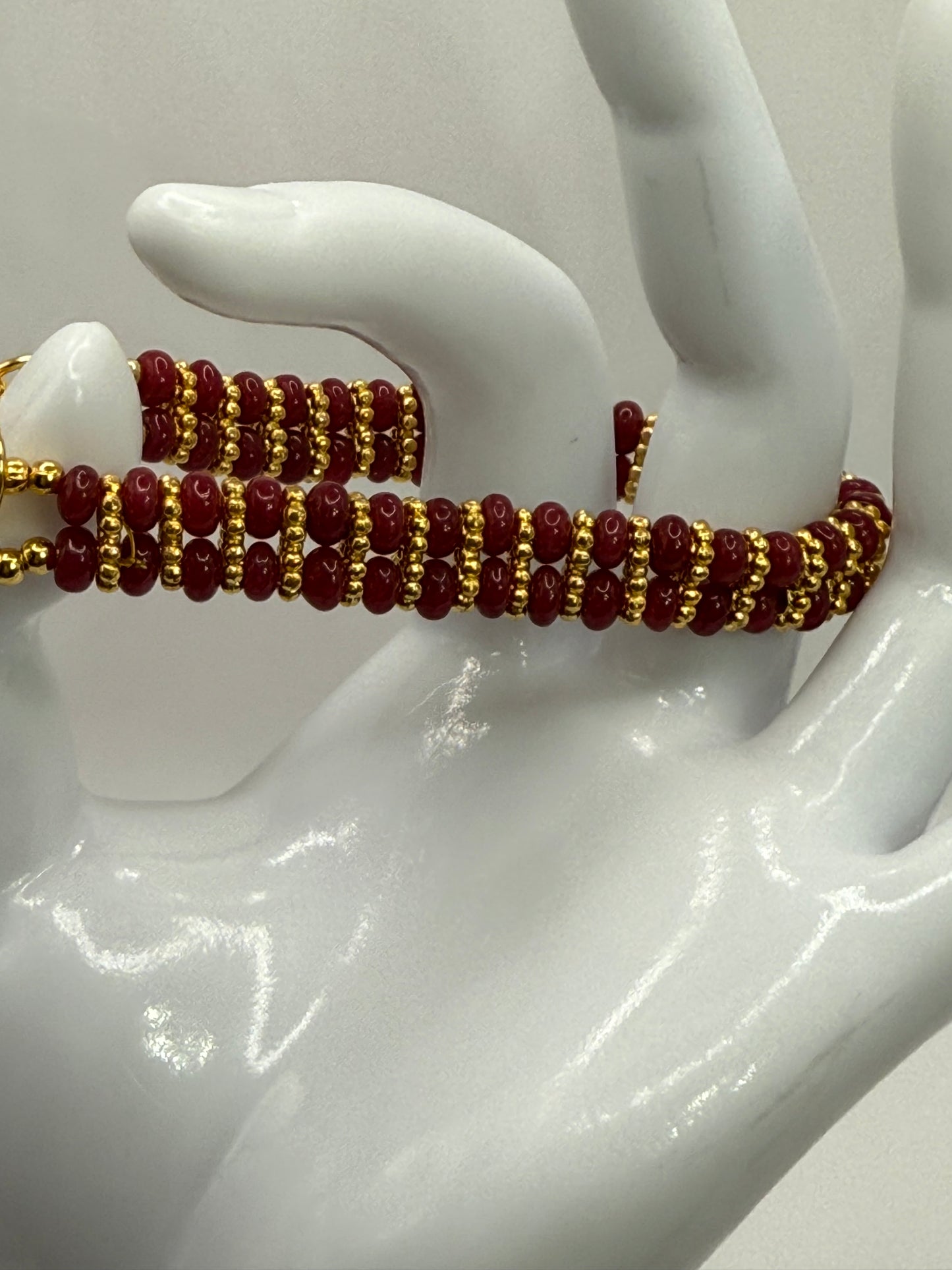 Cherry Quartz & Gold Beaded Bracelet – 7.75” Adjustable Clasp – Handmade Gemstone Jewelry – Free Resizing