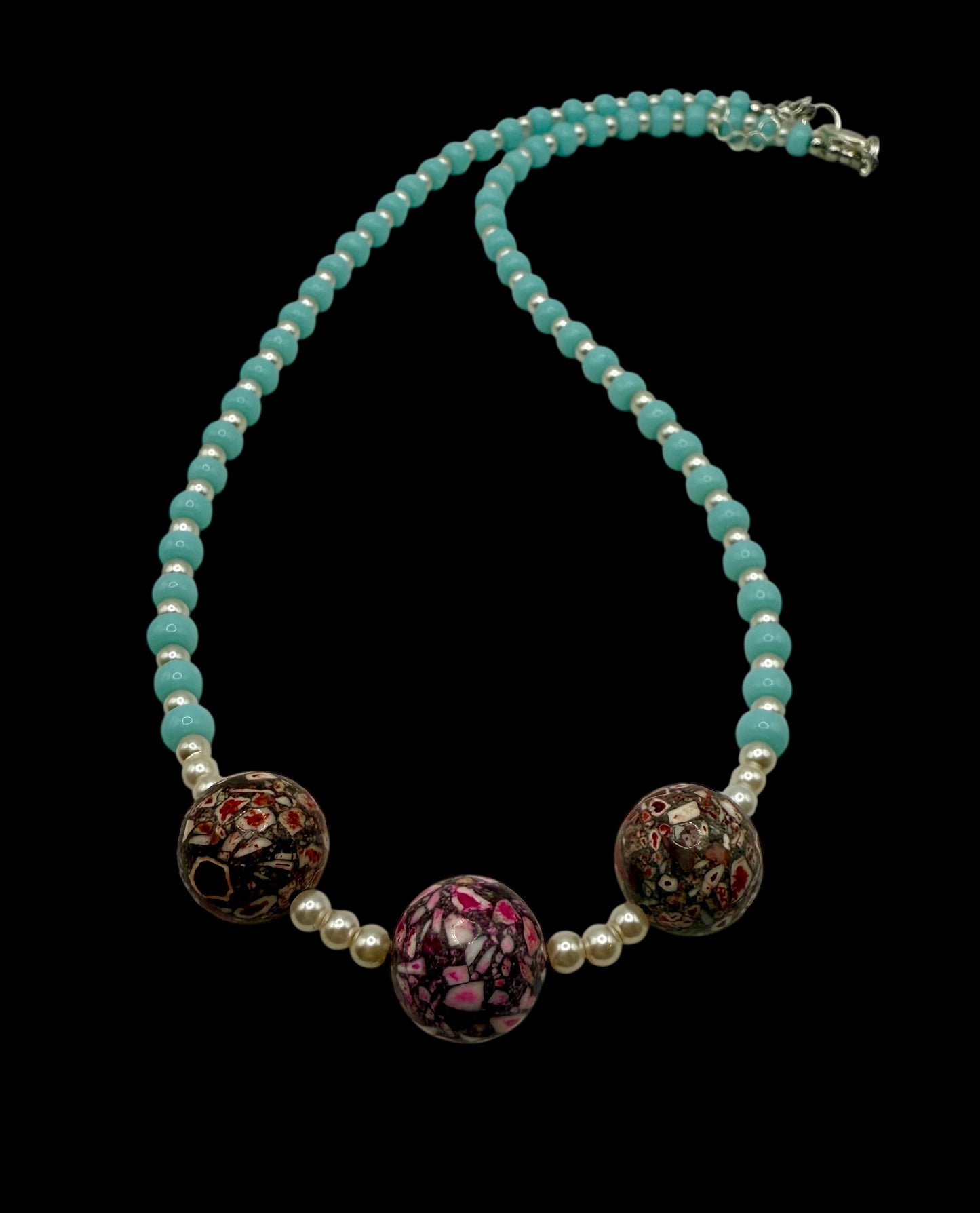 20” Blue Jade Beaded Necklace with Daqi Focal Beads – Unique Statement Jewelry, Bold Mosaic Beads, Handmade Gift for Her