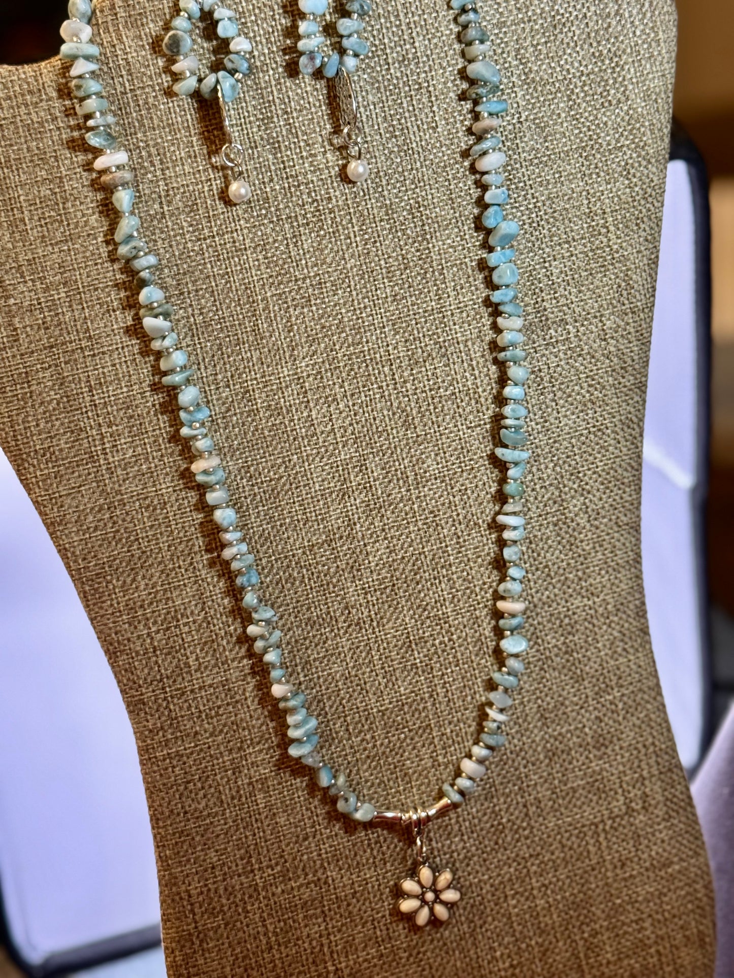Handmade 20” Larimar Necklace with Matching Earrings – Natural Blue Gemstone Jewelry Set with Flower Pendant