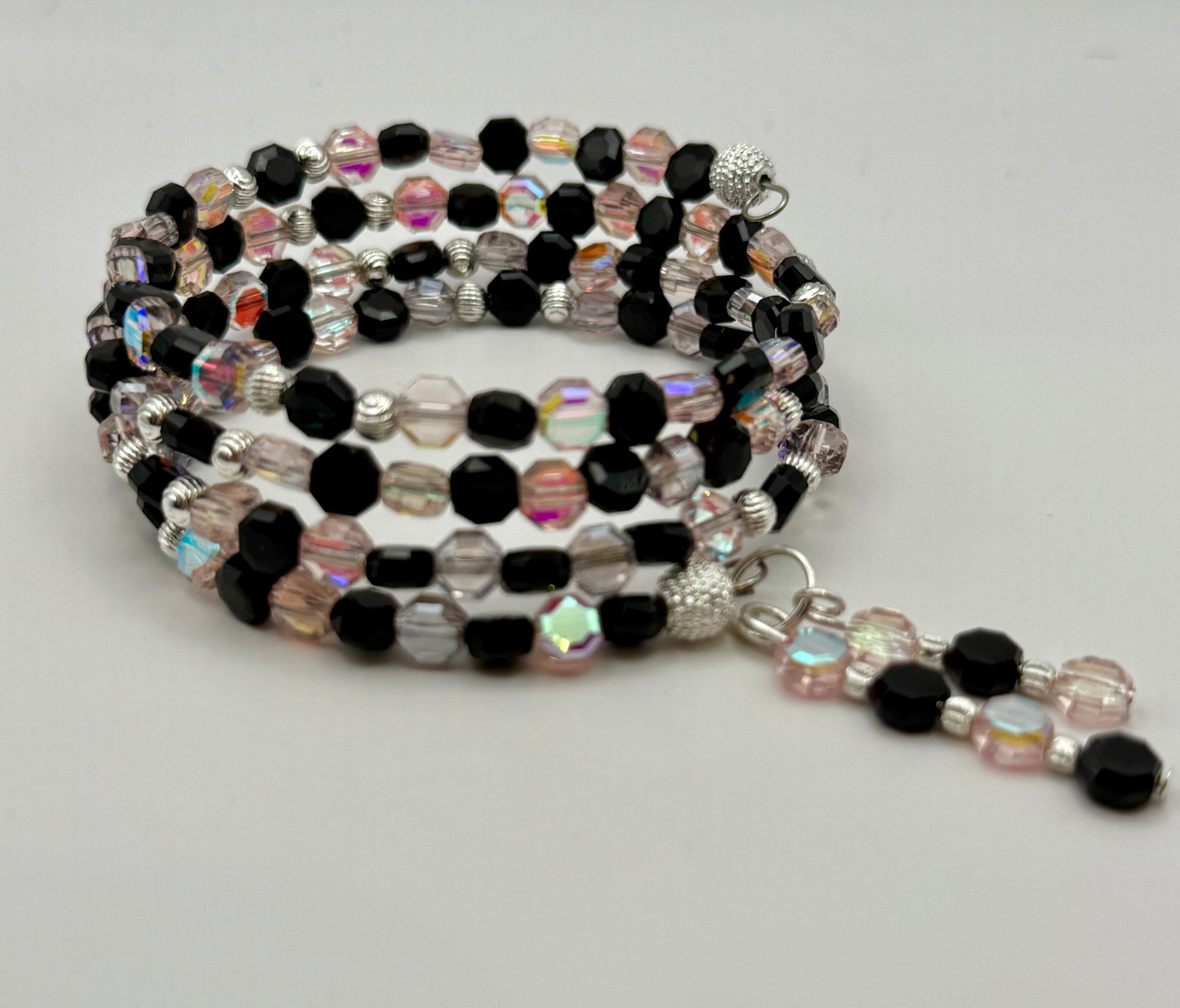Black and Iridescent Pink Glass Wrap Bracelet - One Size Fits All