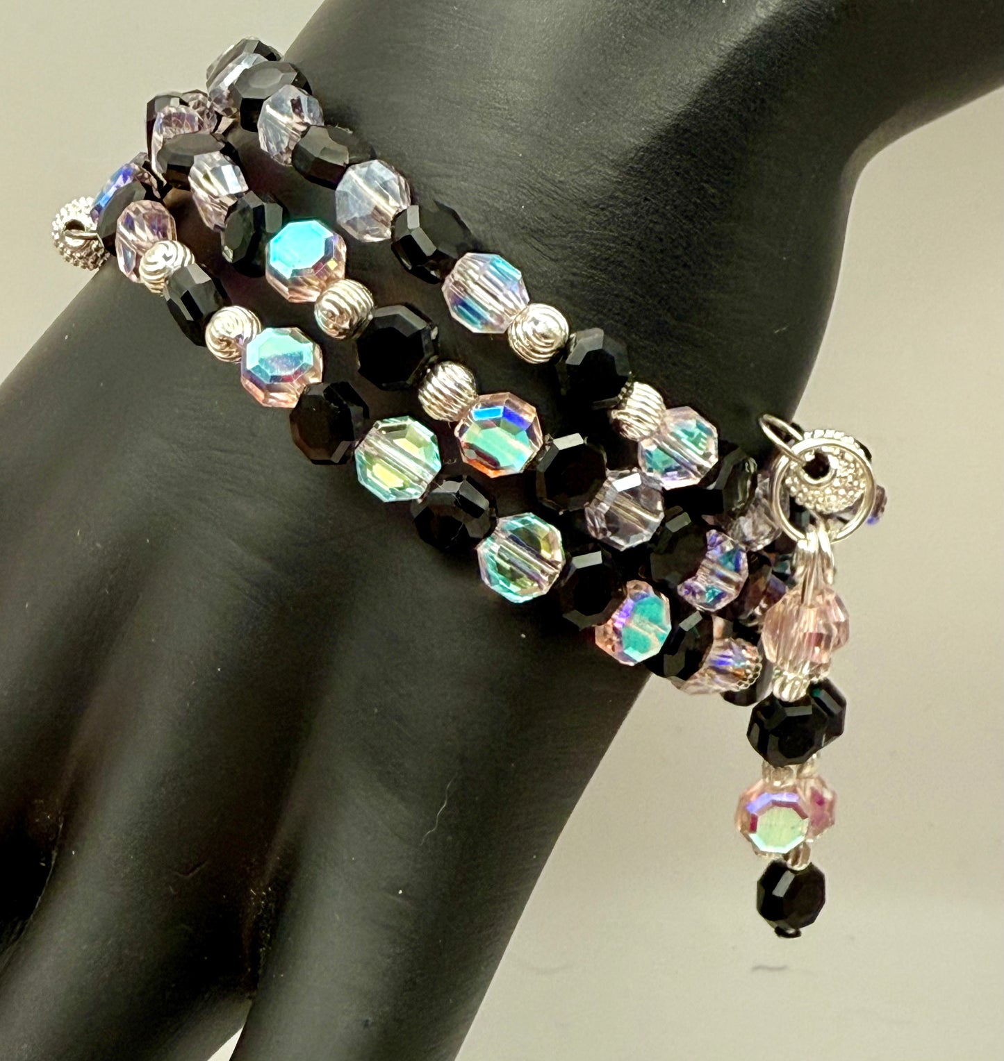 Black and Iridescent Pink Glass Wrap Bracelet - One Size Fits All