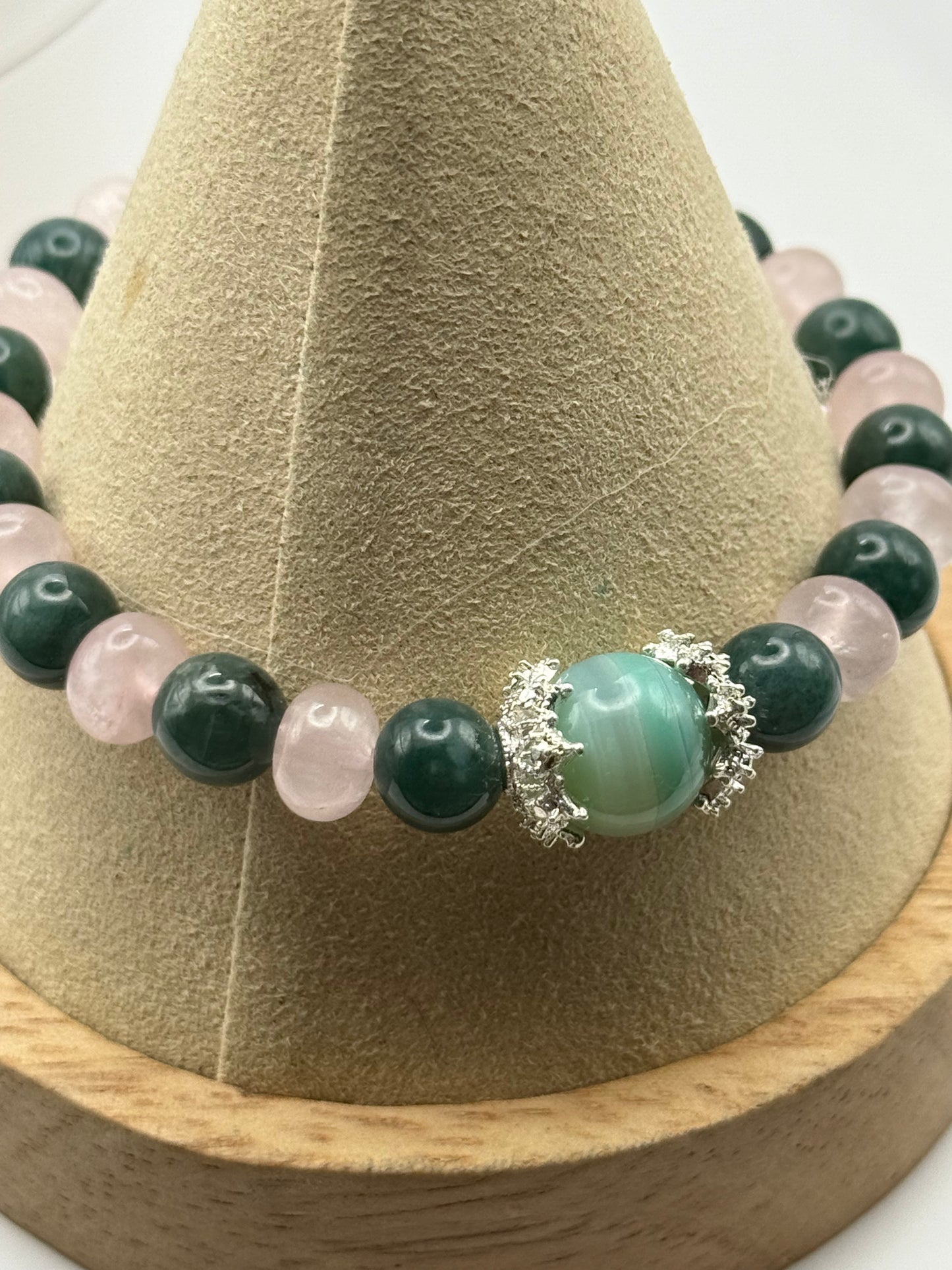 Rose Quartz and Moss Agate bracelet with Ocean Blue Focal elastic bracelet 7.5"