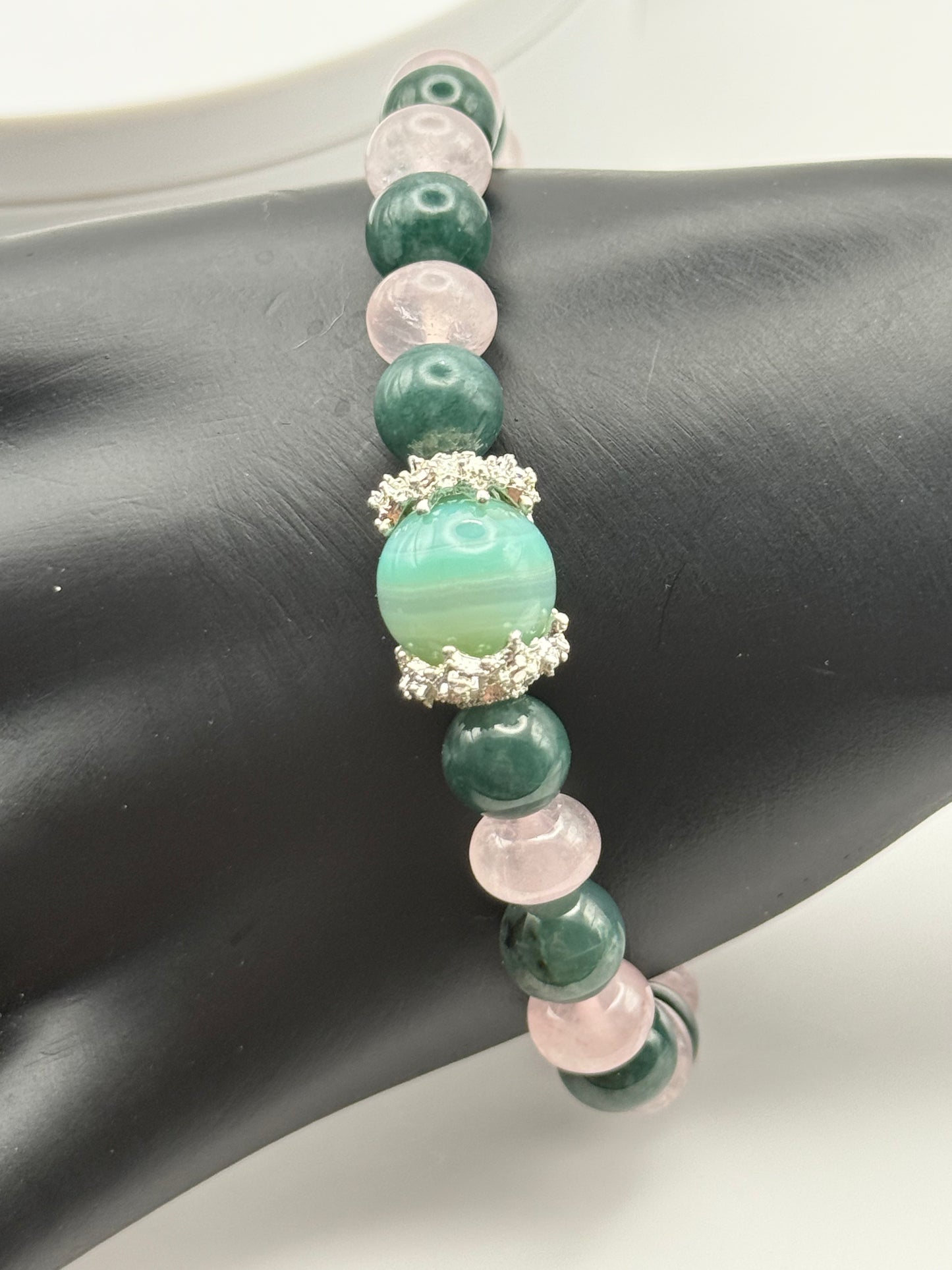 Rose Quartz and Moss Agate bracelet with Ocean Blue Focal elastic bracelet 7.5"