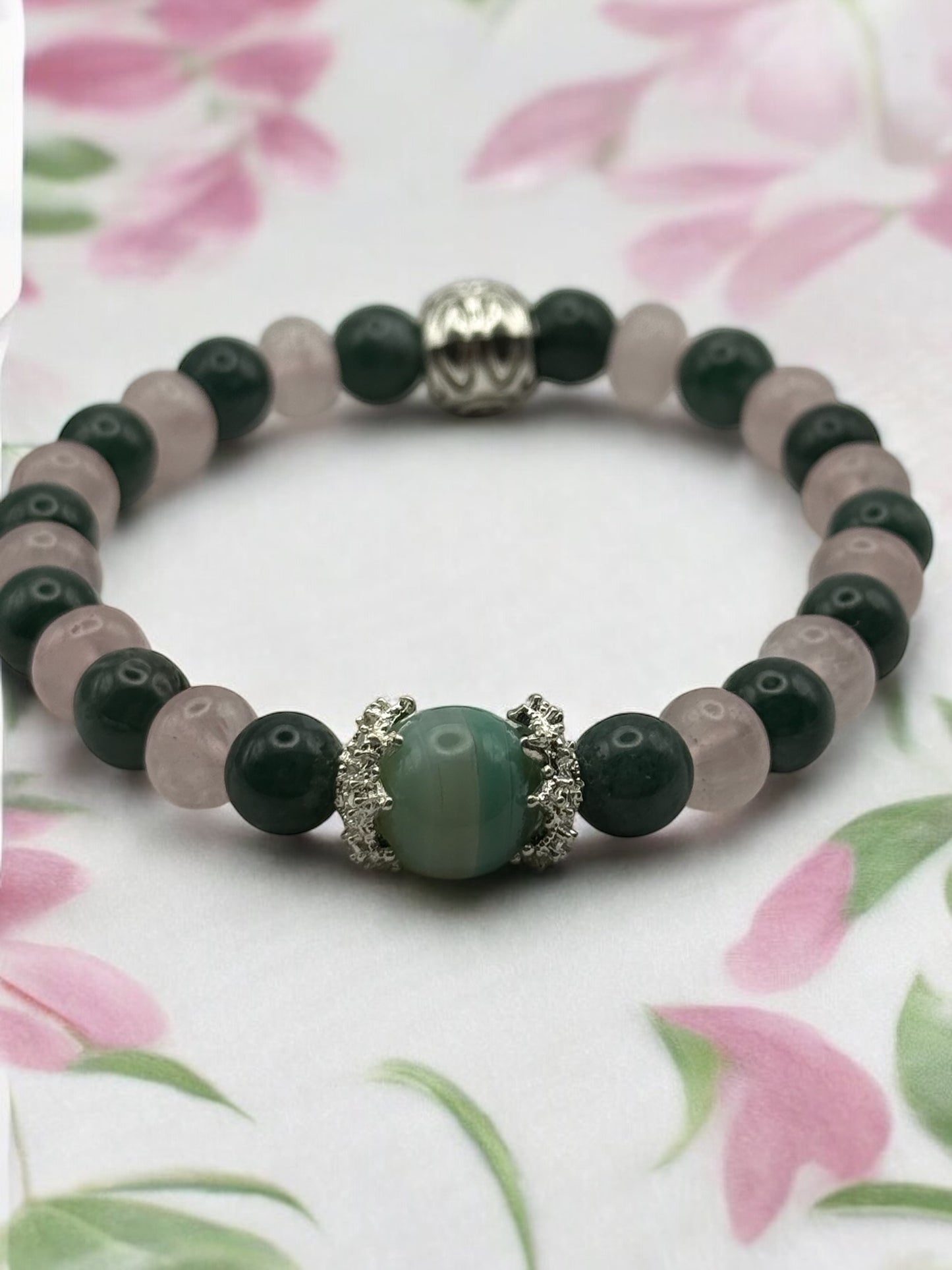 Rose Quartz and Moss Agate bracelet with Ocean Blue Focal elastic bracelet 7.5"