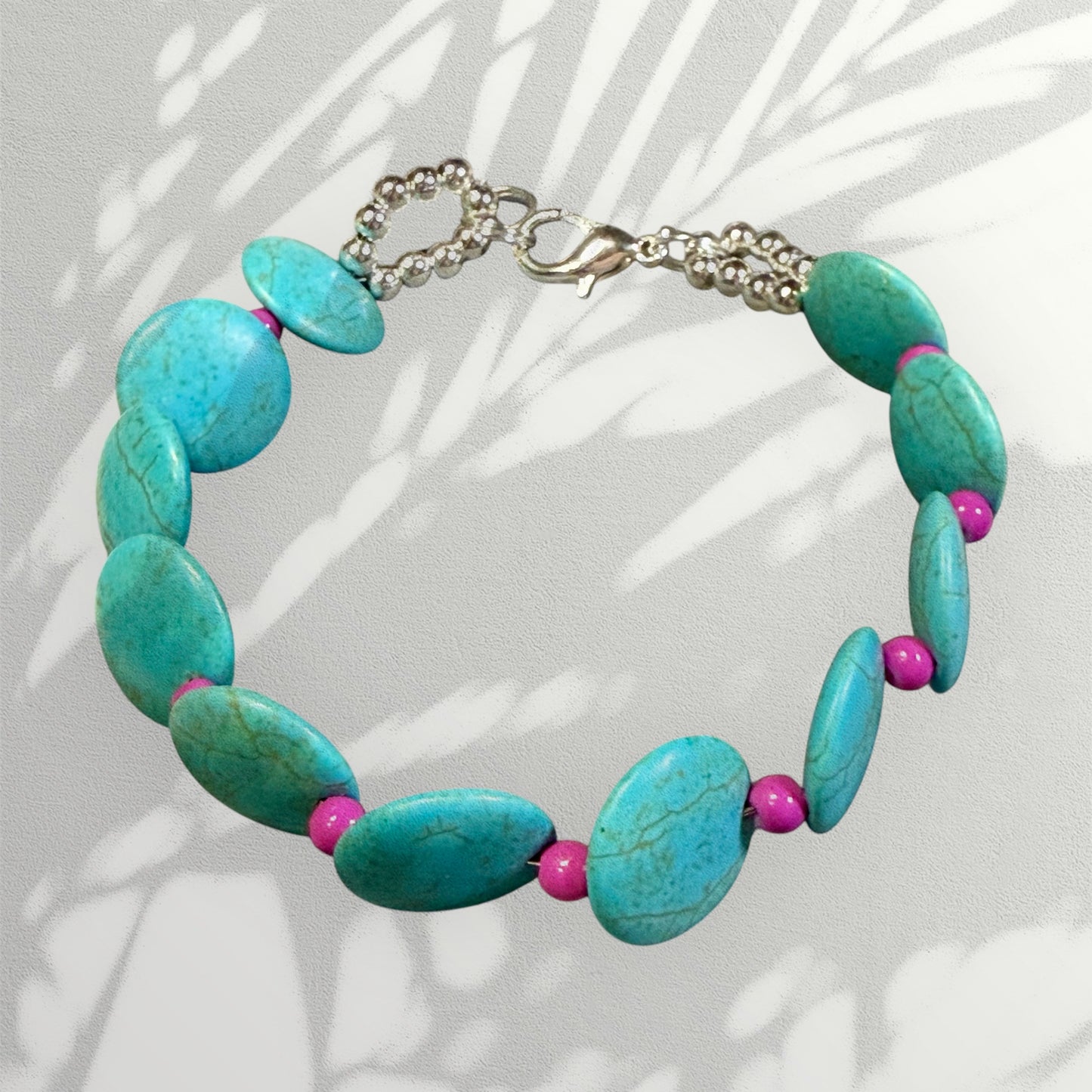 Turquoise Howlite and Bright Pink Bracelet 7.75"