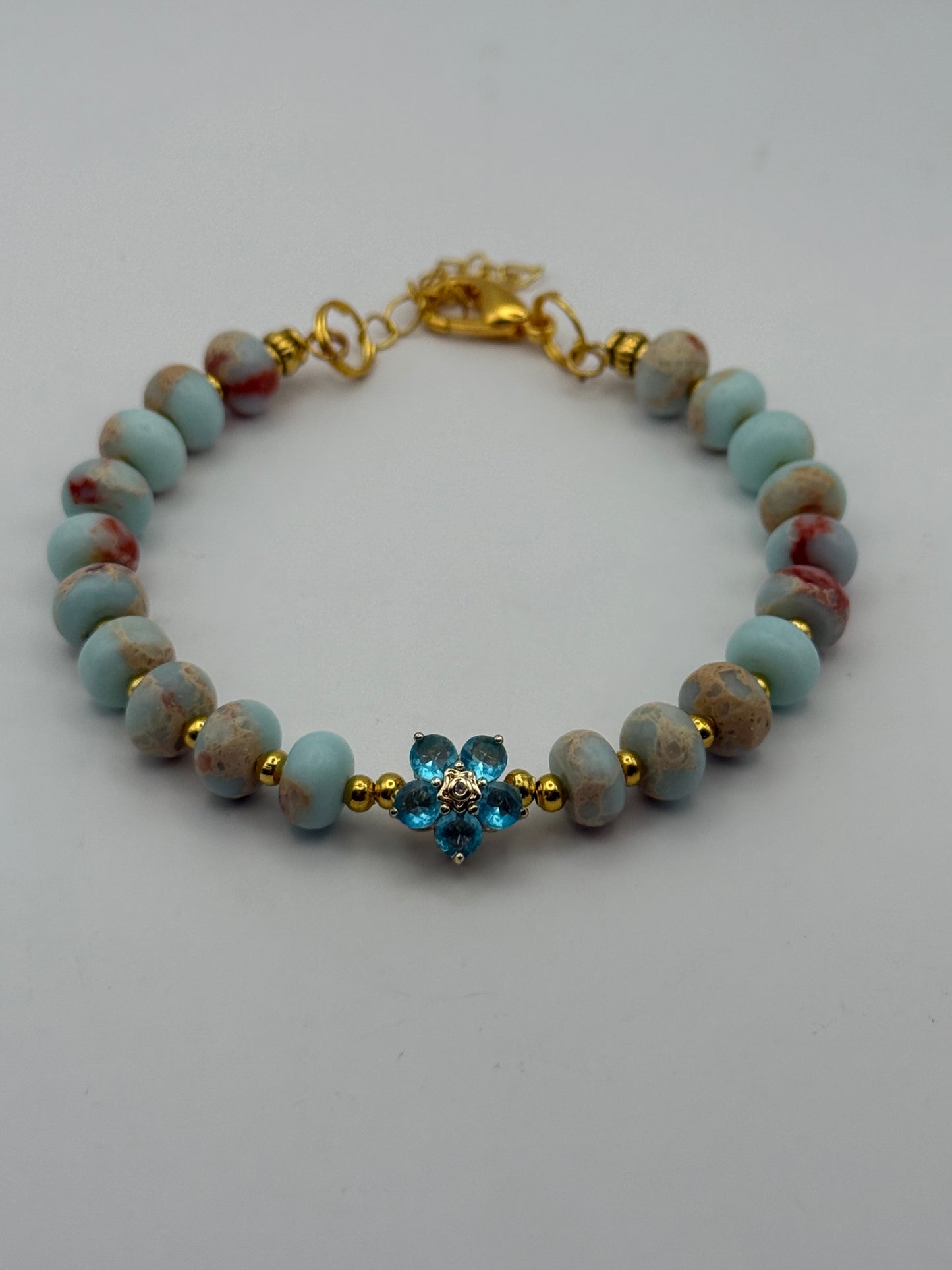 Amazonite and Pyrite Bracelet with golden flower accents 7.5"