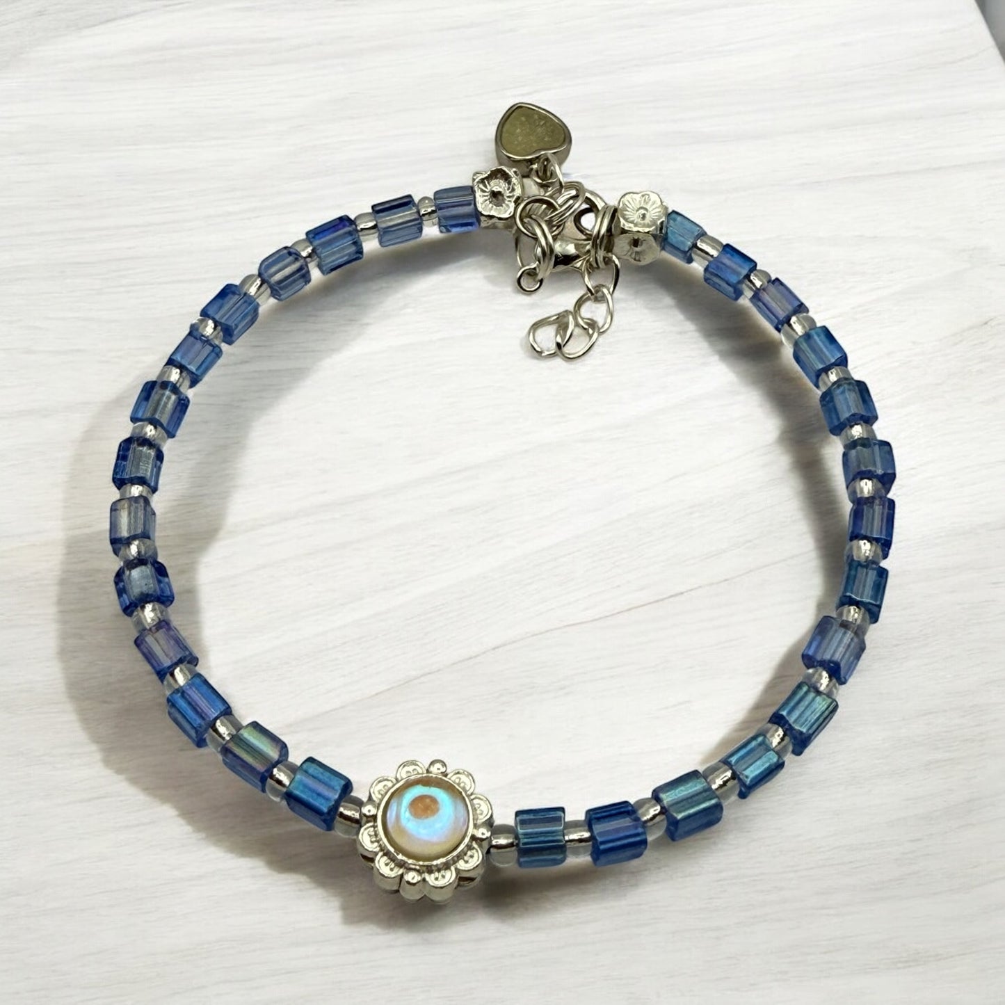 Cubed Blue Iridescent Bracelet with complimentary matching earrings 7.5"