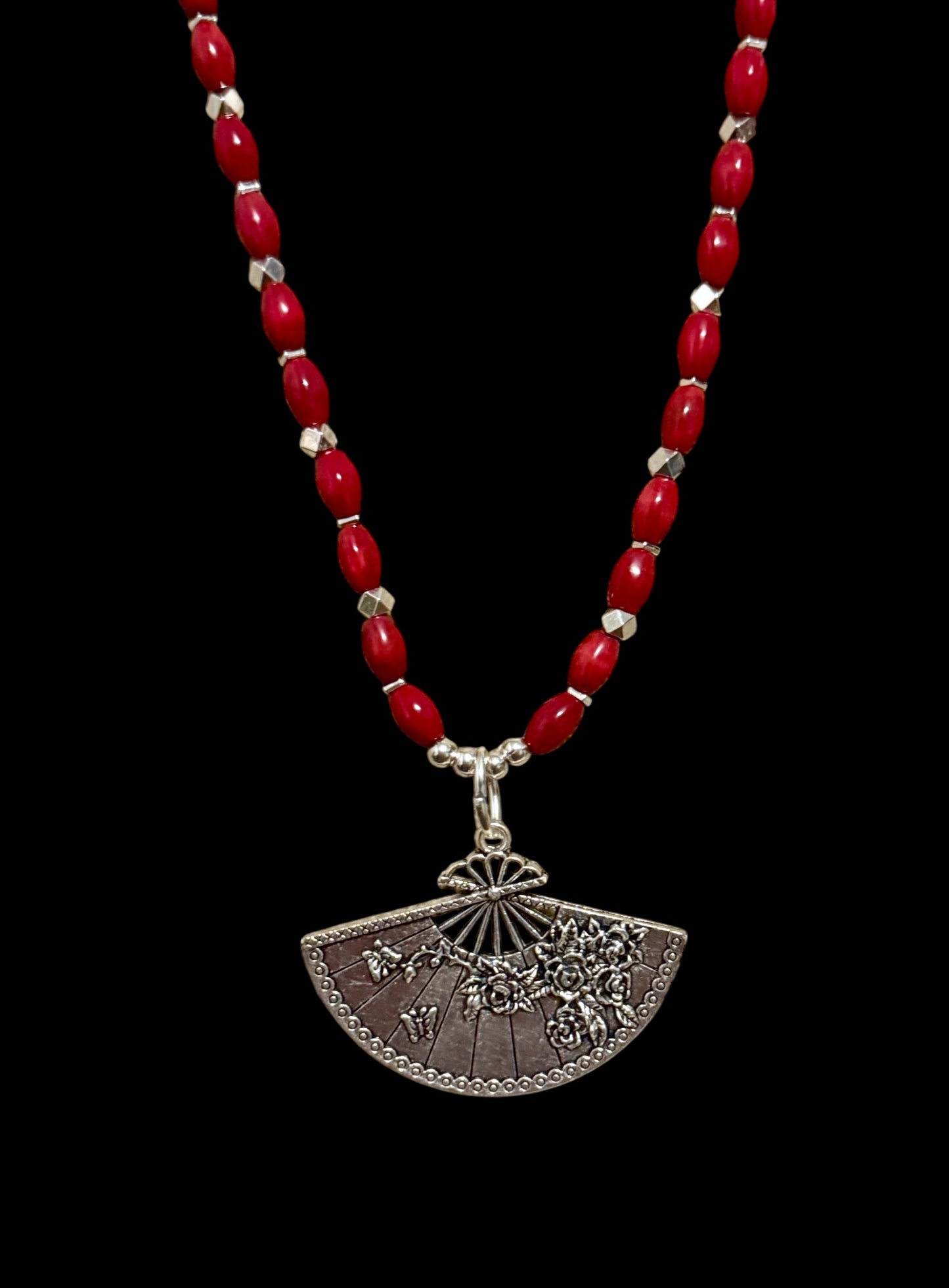 Handmade 26” Coral Red Beaded Necklace with Silver Fan Pendant | Boho Statement Necklace | Asian-Inspired Jewelry | Bold Gift for Her