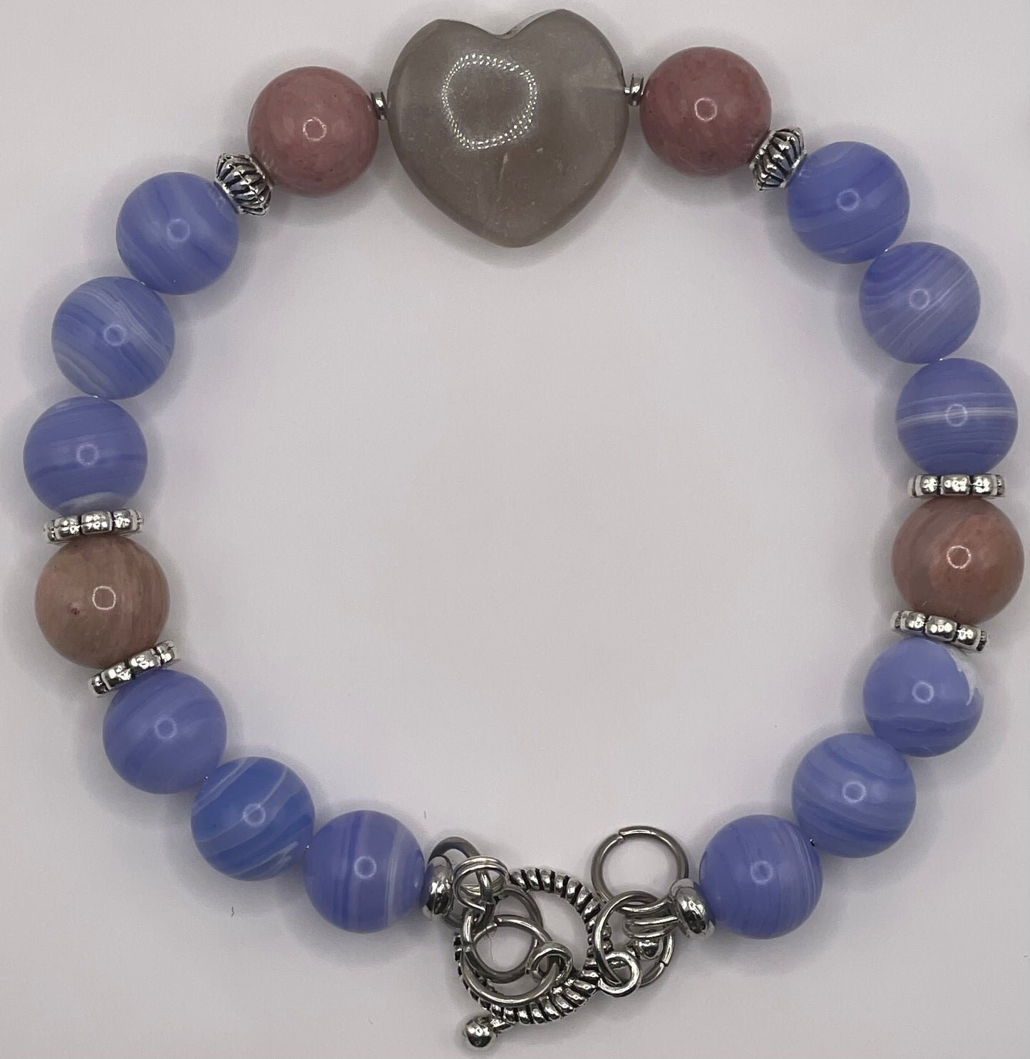 Purple Lace Agate with Rhodonite and a Sunstone carved heart bracelet 7.5"