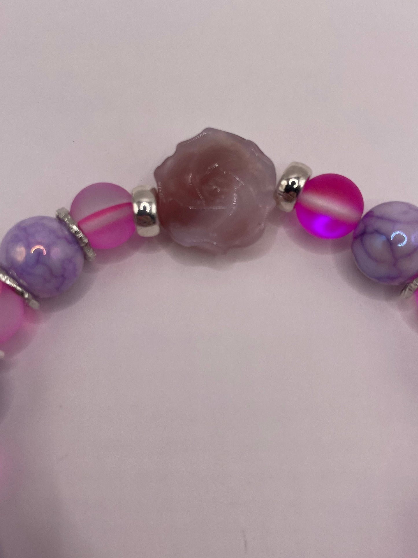 Tourmaline carved petal bracelet with purple and pink stones- Diamond toggle clasp. 7.5"