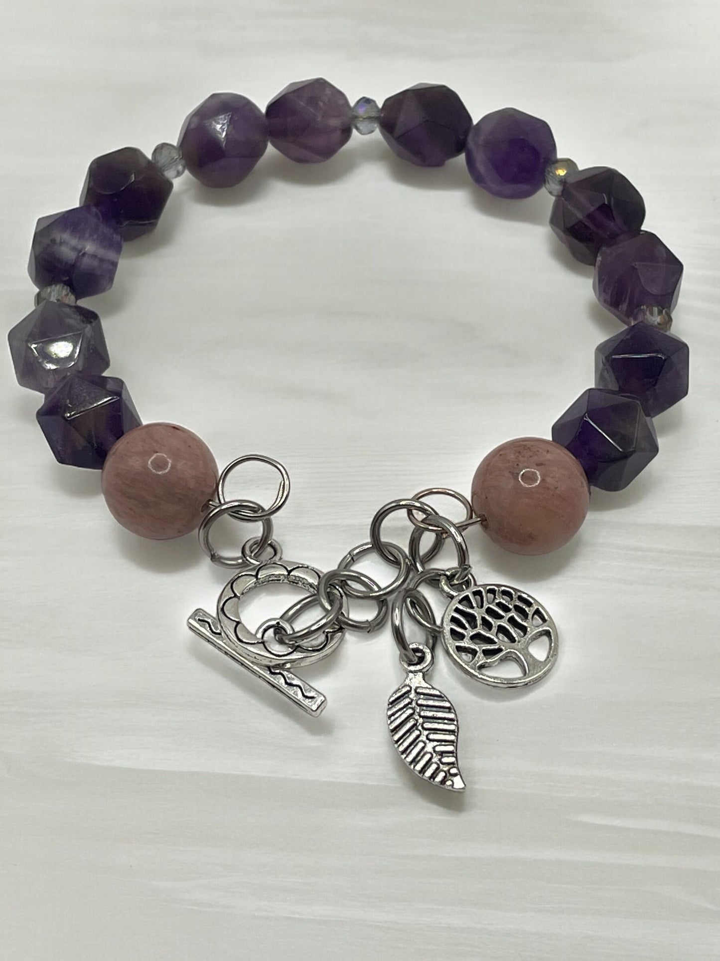 Amethyst wired bracelet with tree of life and feather bracelet 7.25"