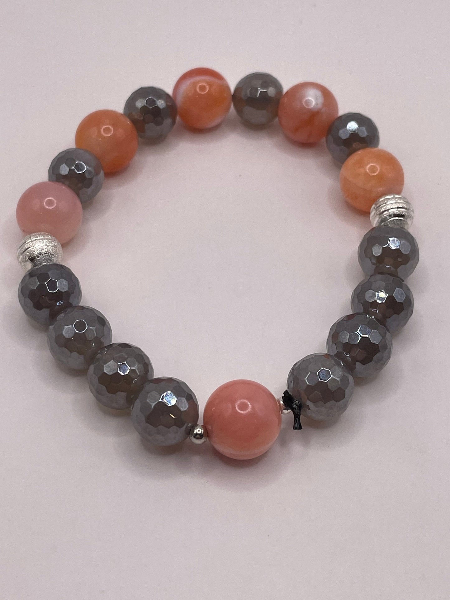 Peach Agate and Gray Quartz 10mm bracelet 7.5"