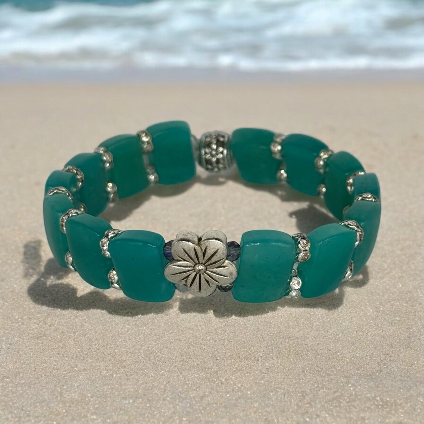 Amazonite Stretch Bangle Bracelet with Plumeria Focal 7.5"