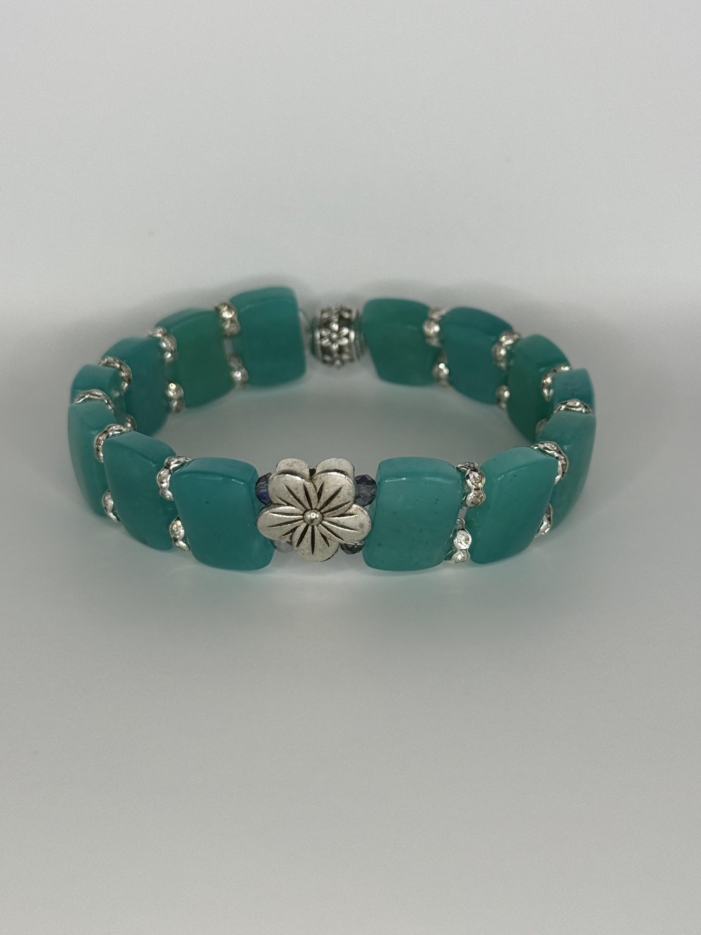 Amazonite Stretch Bangle Bracelet with Plumeria Focal 7.5"
