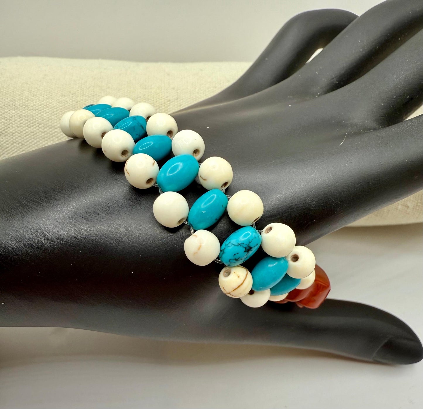 White and Turquoise Howlite Double Strand Stretch Bracelet with Red Jasper Rose Focal 8"