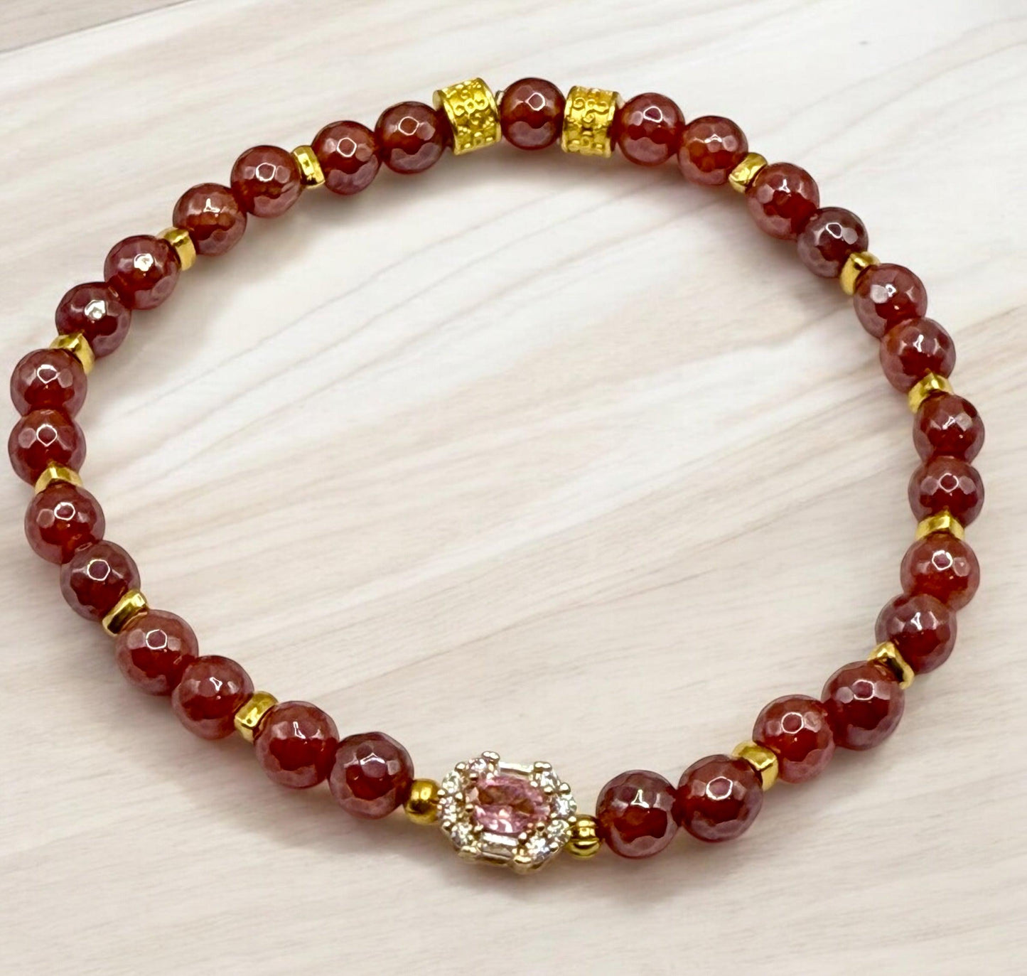 Cranberry Agate Stretch Bracelet with Pink Rhinestone Focal 8"