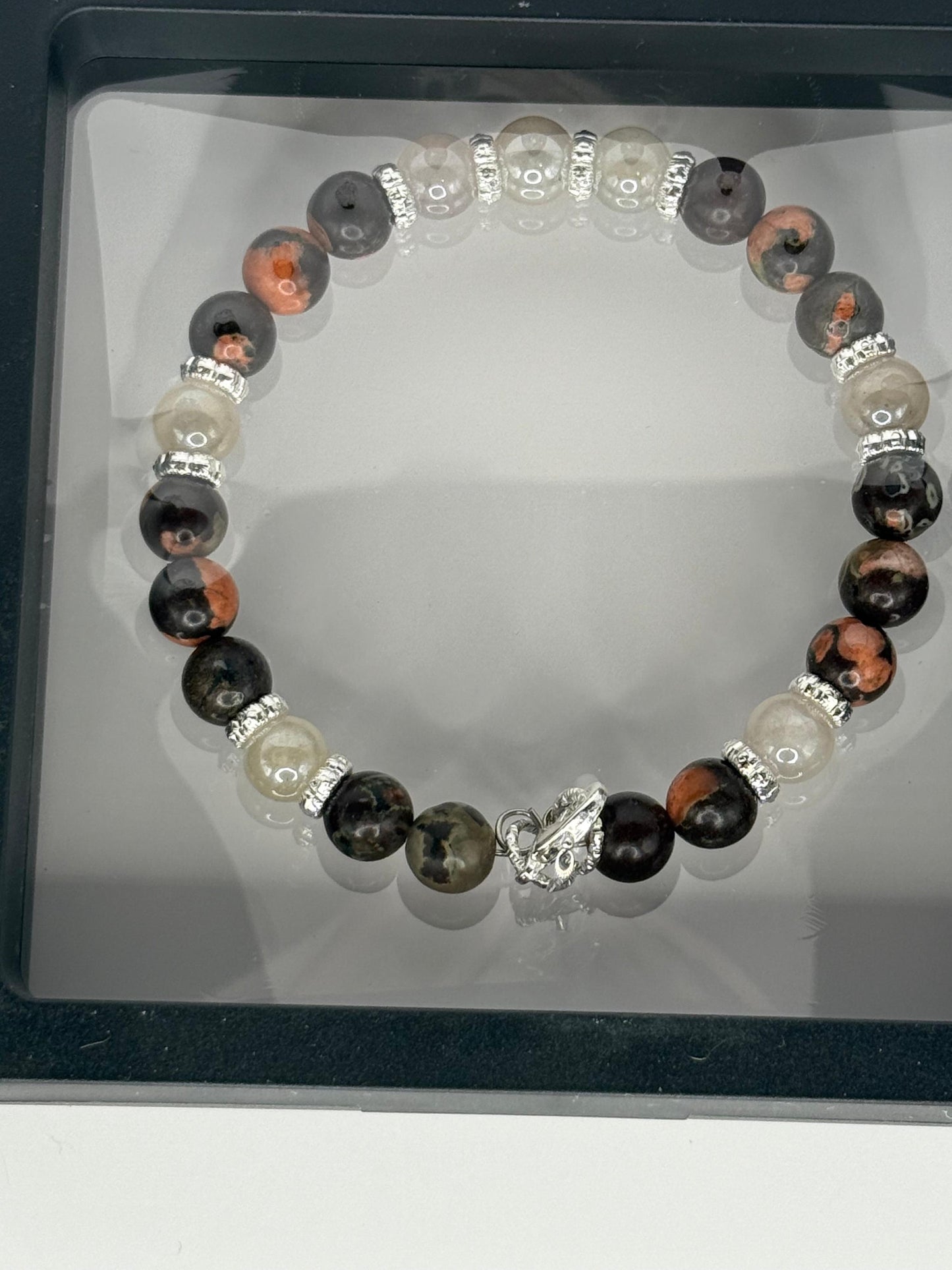 Snowflake Obsidian Jasper and Sunstone Wire Bracelet 7.5-7.75"