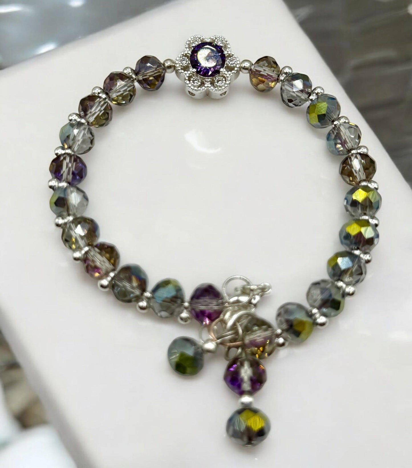 Purple AB Disco Faceted Glass with Floral Rhinestone Focal