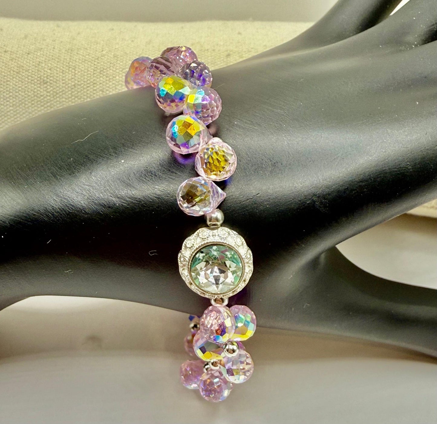 Pink Faceted Disco Stretch Bracelet with Rhinestone Focal 7.5"-7.75"