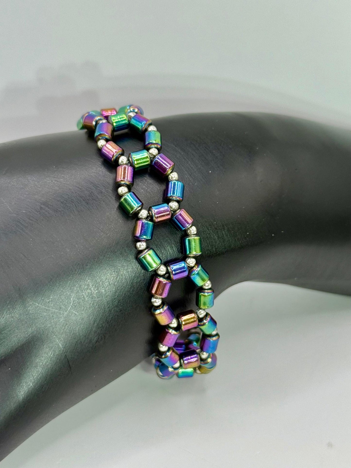 Rainbow hematite geometric bracelet – 7.75” handmade beaded jewelry, unisex colorful bracelet, unique gift for her or him