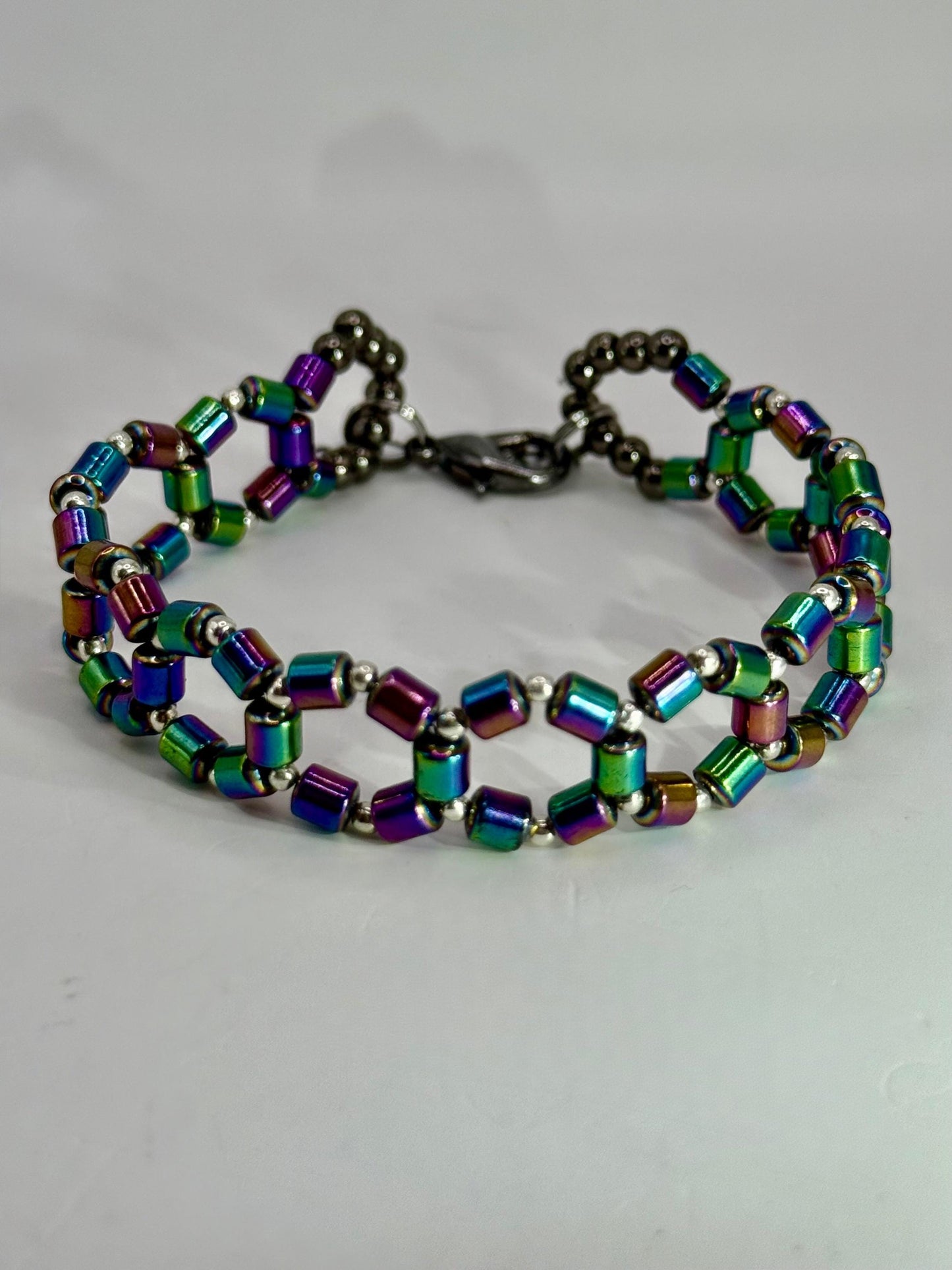 Rainbow hematite geometric bracelet – 7.75” handmade beaded jewelry, unisex colorful bracelet, unique gift for her or him