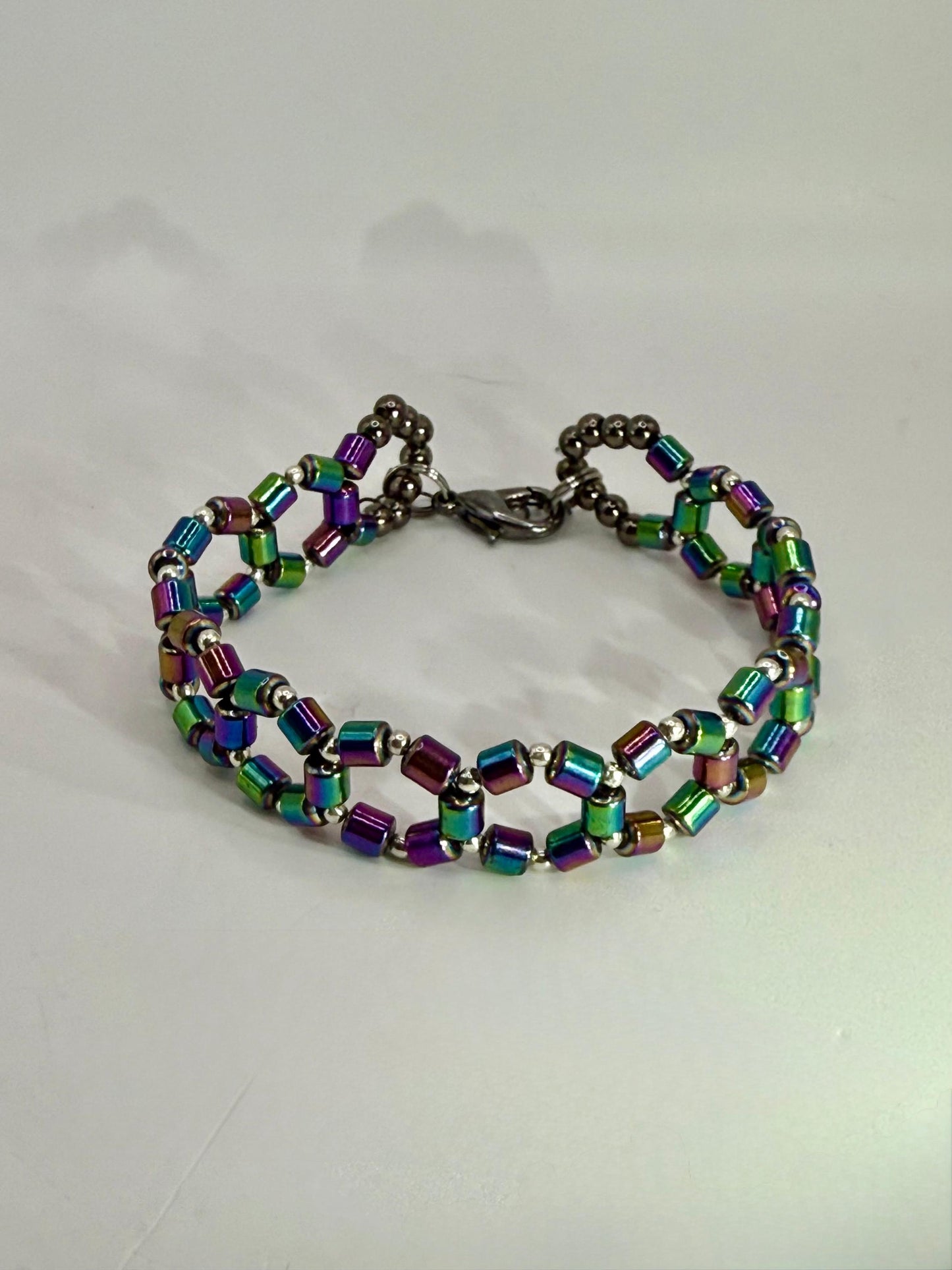 Rainbow hematite geometric bracelet – 7.75” handmade beaded jewelry, unisex colorful bracelet, unique gift for her or him