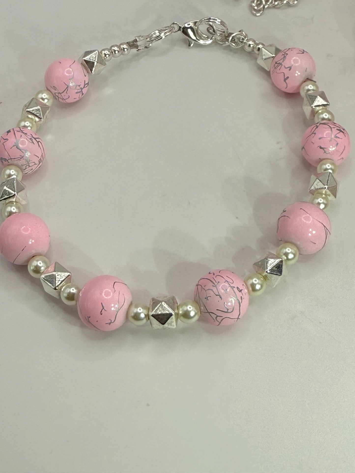 Pink Beaded Necklace with Crystal Flower Pendant – 26” Handmade Jewelry Set with Matching 8" Bracelet & Earrings