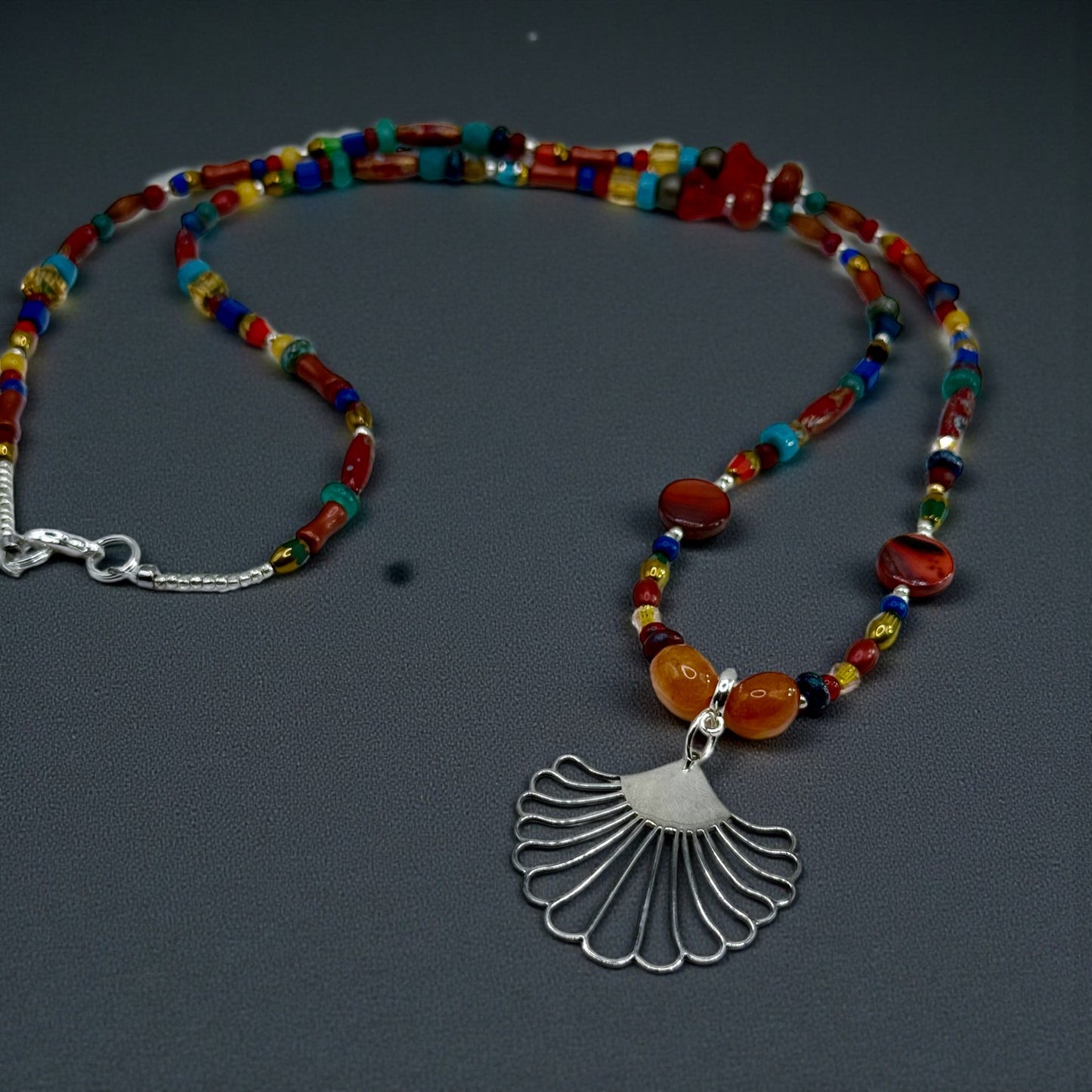 26” Boho Multicolor Beaded Necklace with Silver Fan Pendant | Handmade Artisan Necklace