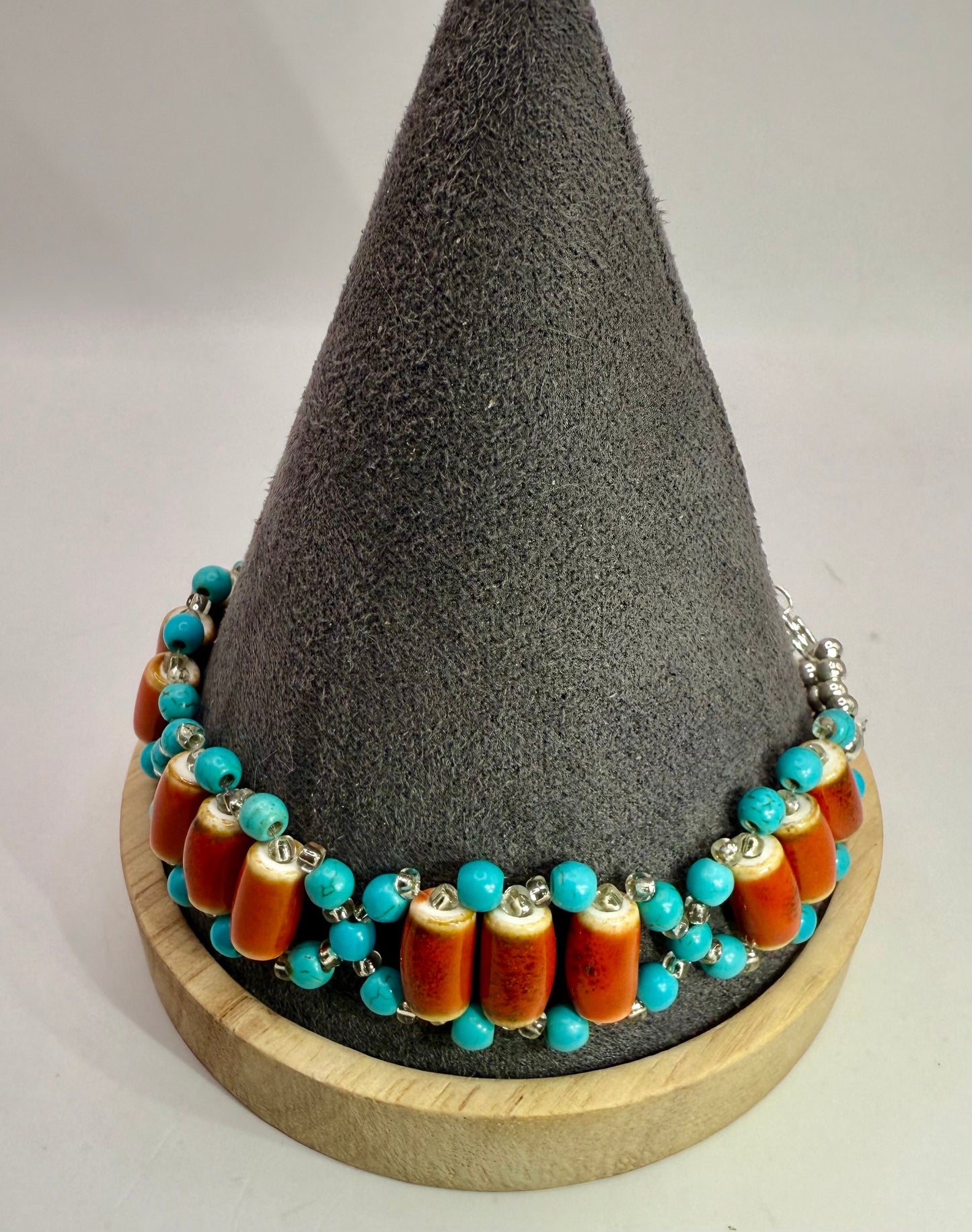 Handmade Turquoise Howlite & Terra Cotta Orange Ceramic Tube Beaded Bracelet – 7.5” Adjustable | Boho Southwest Jewelry
