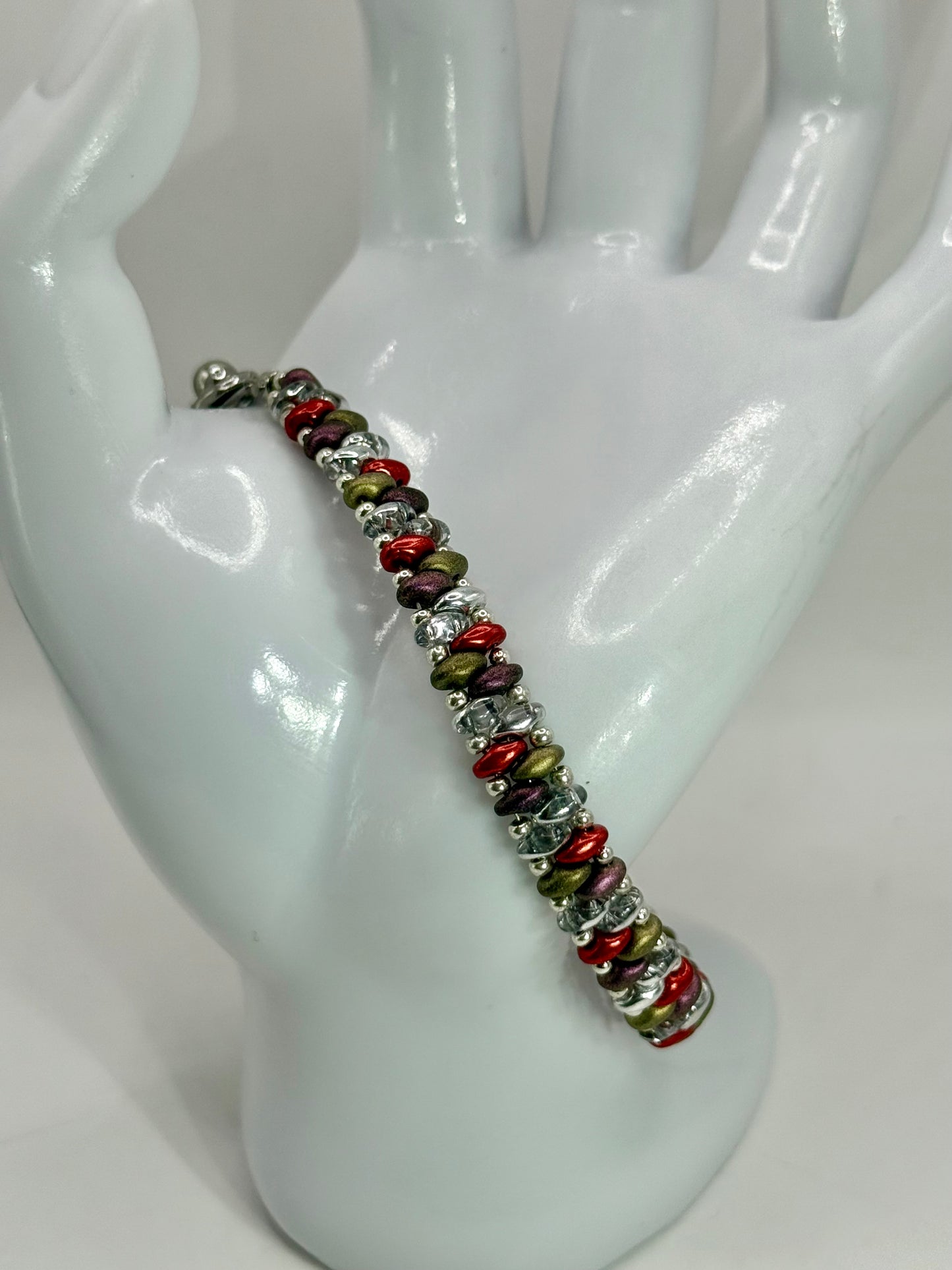 Autumn Inspired Beaded Bracelet – 8” Micro Bead Clasp – Red, Olive, Silver, Purple – Handmade Jewelry