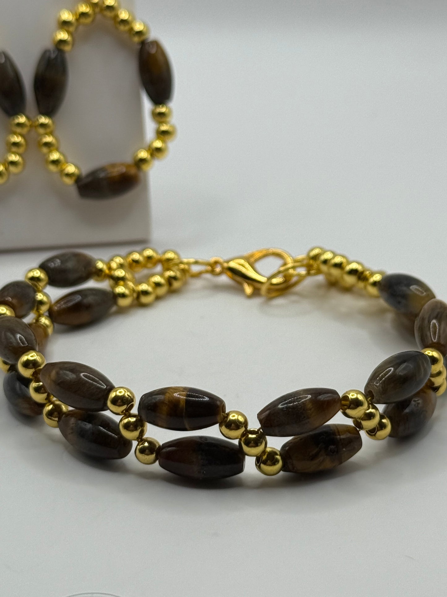 Tiger’s Eye Bracelet with Gold Accents – 7.75” Clasp – Free Resizing – Includes Complimentary Matching Earrings