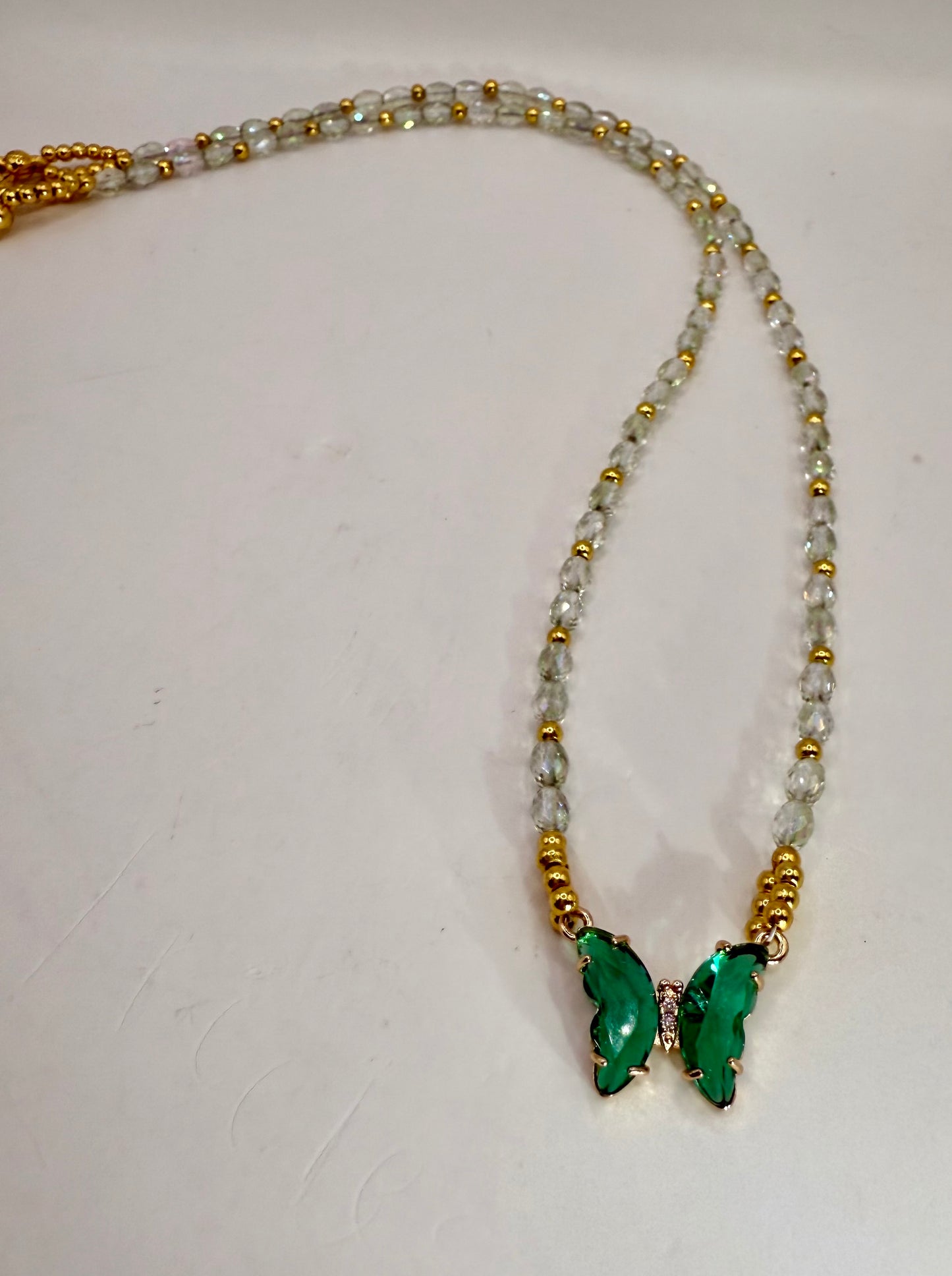 Green Crystal Butterfly Pendant Necklace – 20” Faceted Glass Beaded Necklace with Gold Accents – Sparkly Butterfly Jewelry Gift