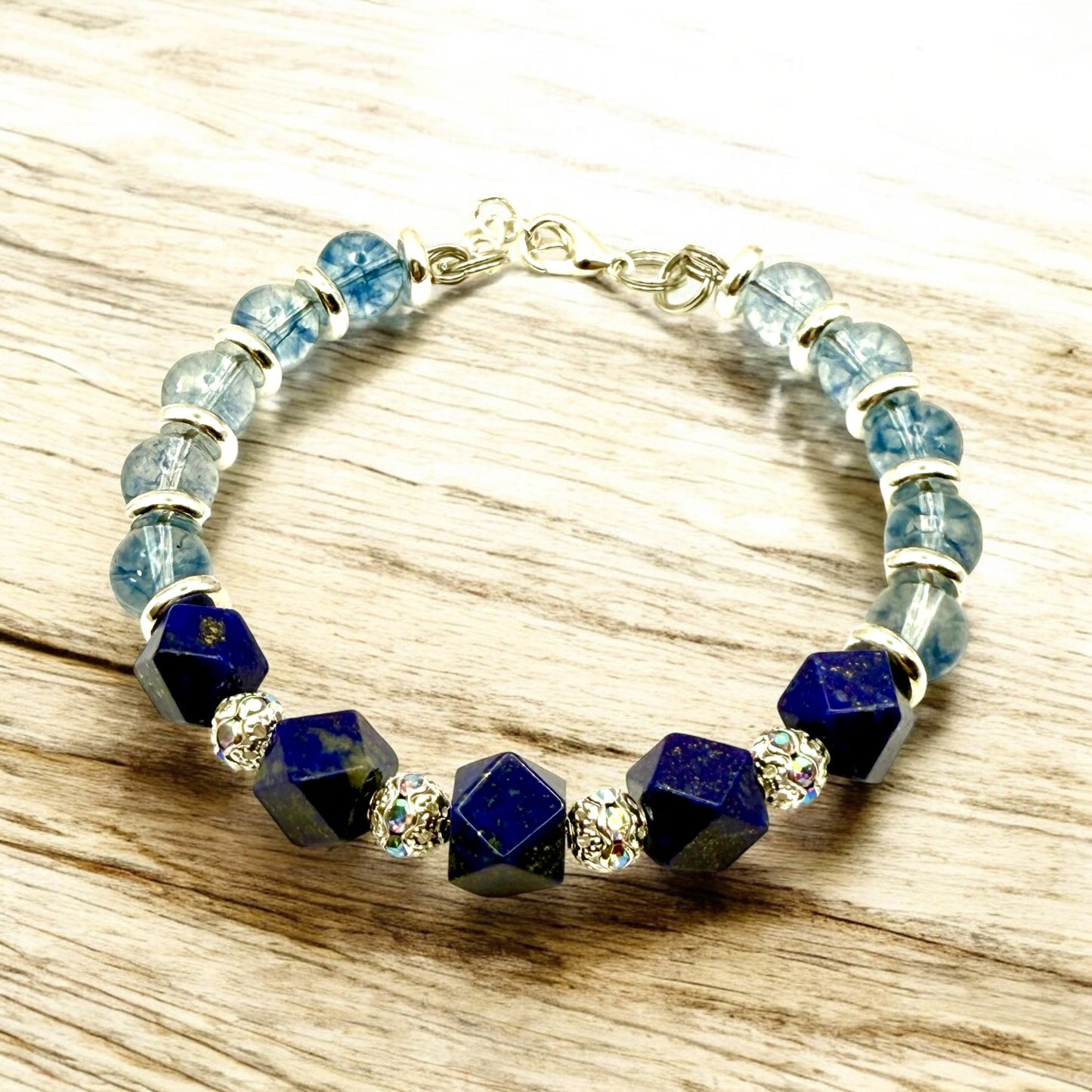 Lapis Lazuli Crystal Bracelet with Light Blue Phantom Quartz 7.5"