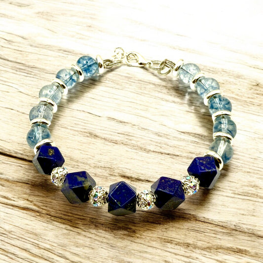 Lapis Lazuli Crystal Bracelet with Light Blue Phantom Quartz 7.5"