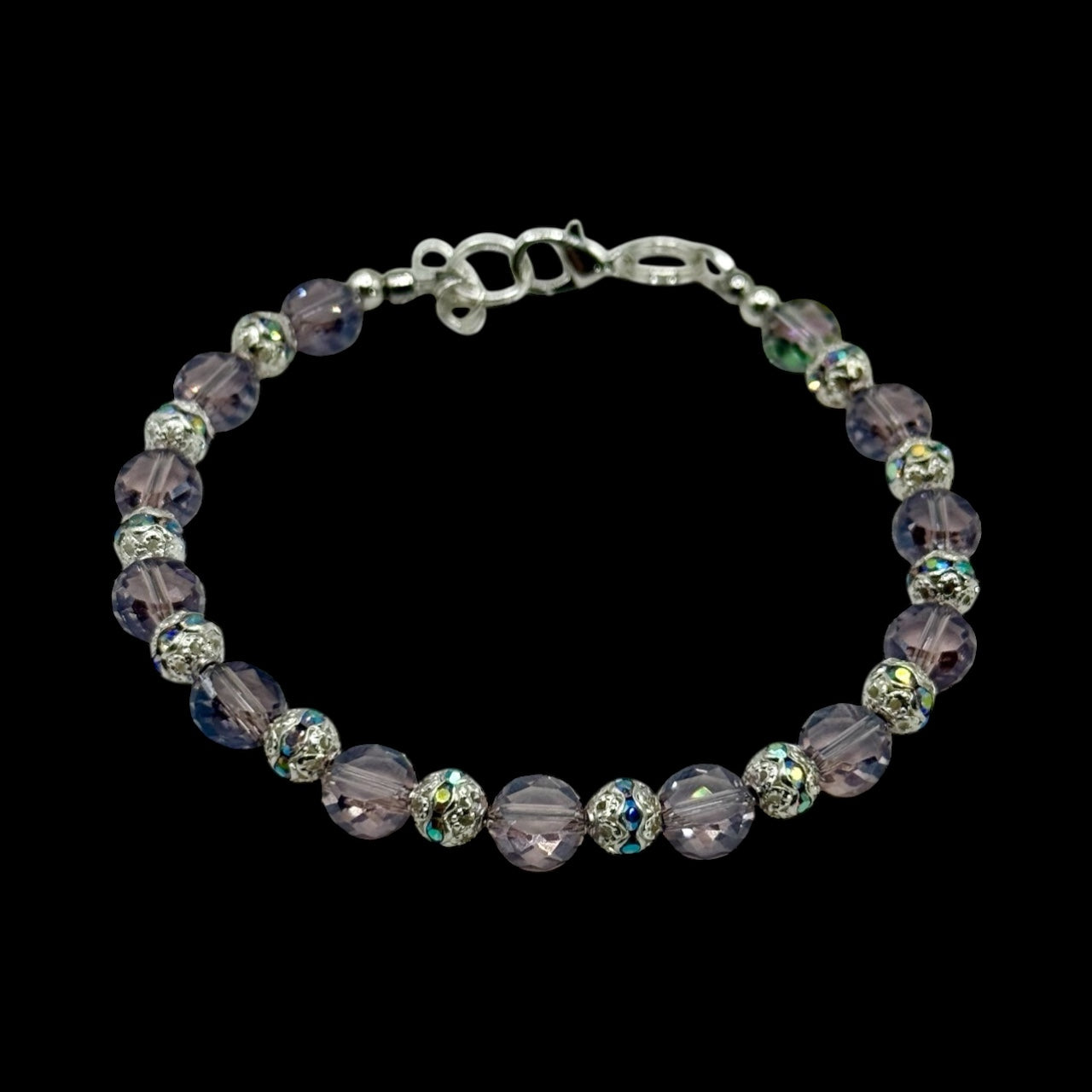 Violet Electroplated Glass Bracelet – 7.5” Clasp, Faceted Coin Beads, Handmade Jewelry Gift