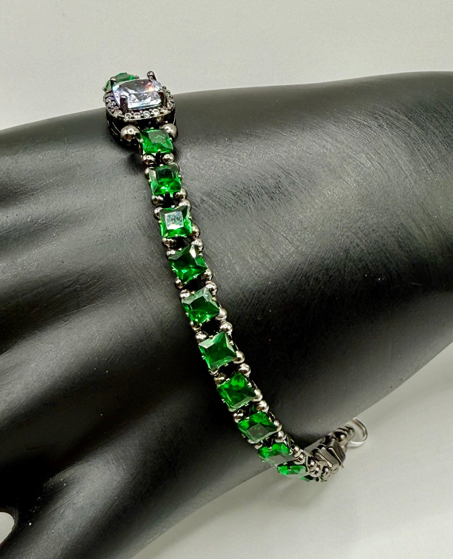 Green Sparkle Statement Bracelet | 8” Green Rhinestone Tennis Bracelet with Radiant Focal | Formal Jewelry | Holiday  Party & Everyday Glam | Gift for Her