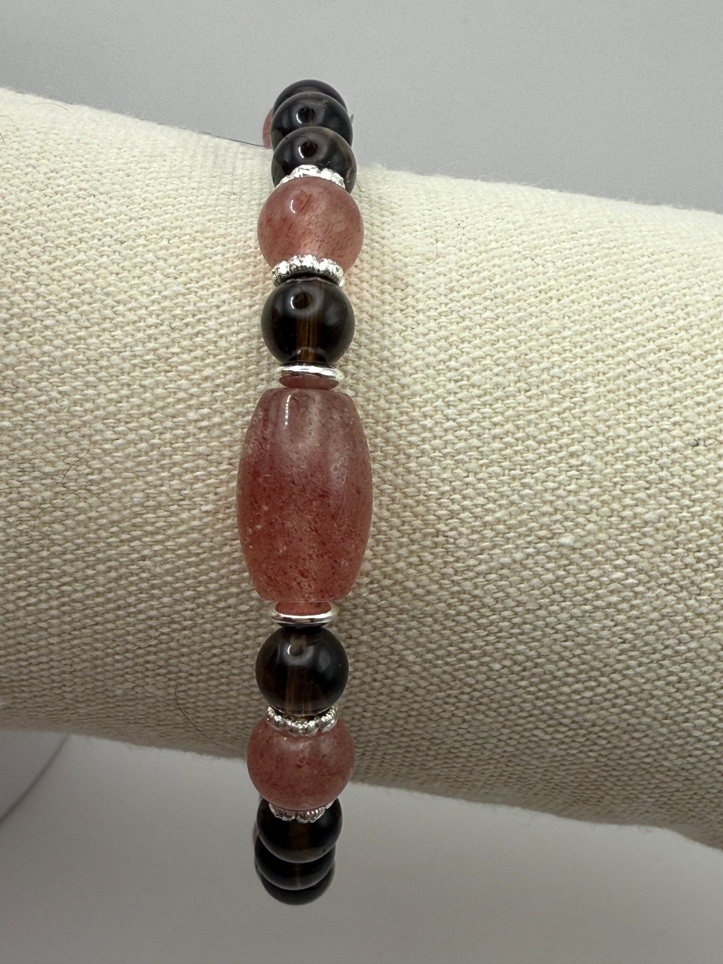 Smoky Quartz with Strawberry Quartz accents bracelet. 7.5"