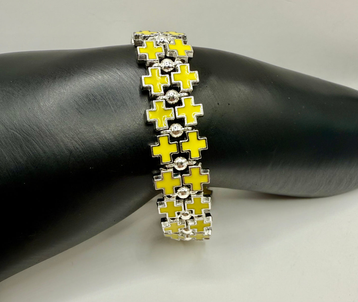 Bold Yellow Cross Link Bracelet – Adjustable 7.5” to 8”, Silver-Tone Double Row Design, Unique Statement Jewelry