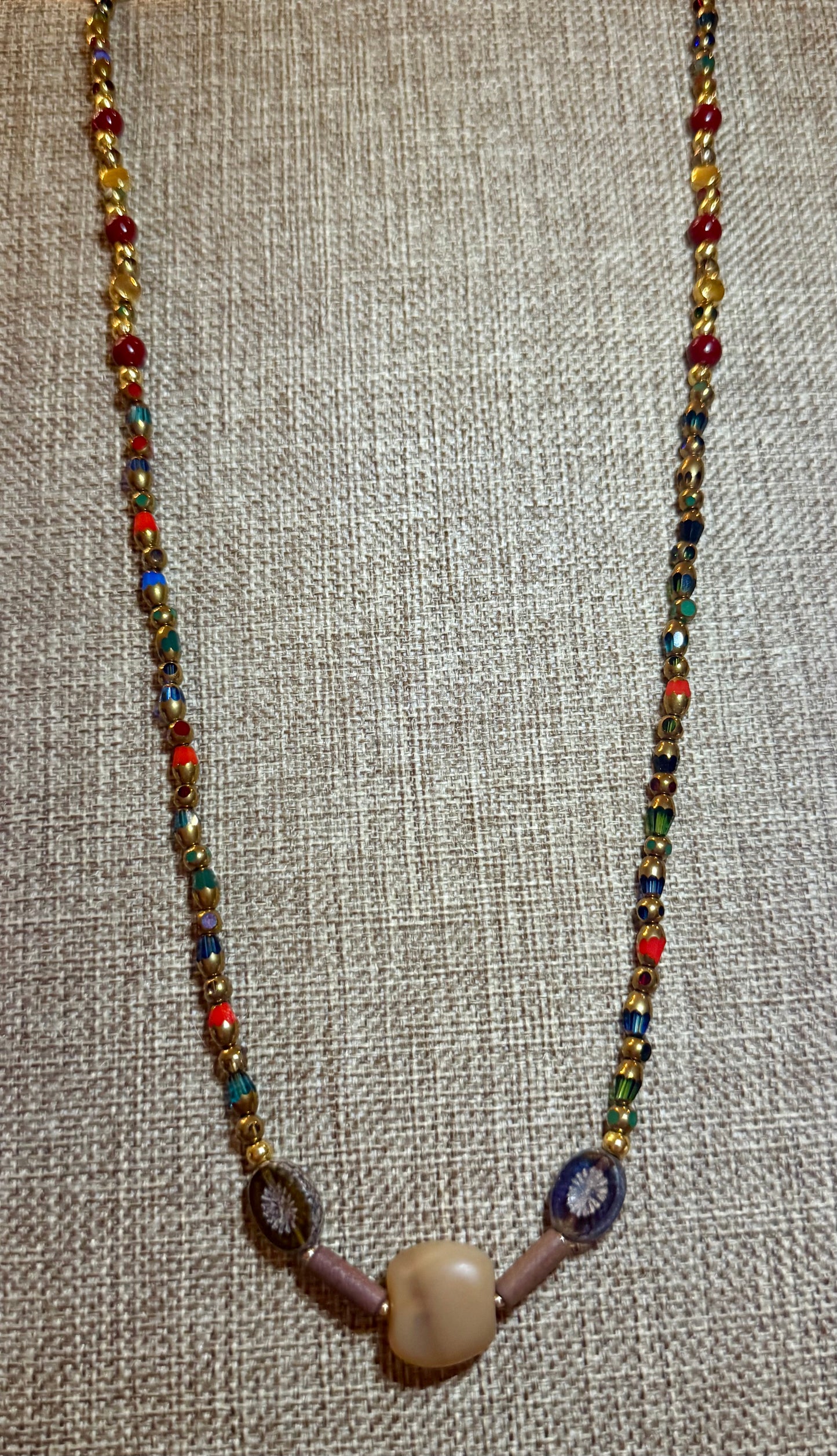 Boho Czech Glass Necklace 22” • Gold Accent Handmade Jewelry • Colorful Floral Focal Beads • Unique Gift