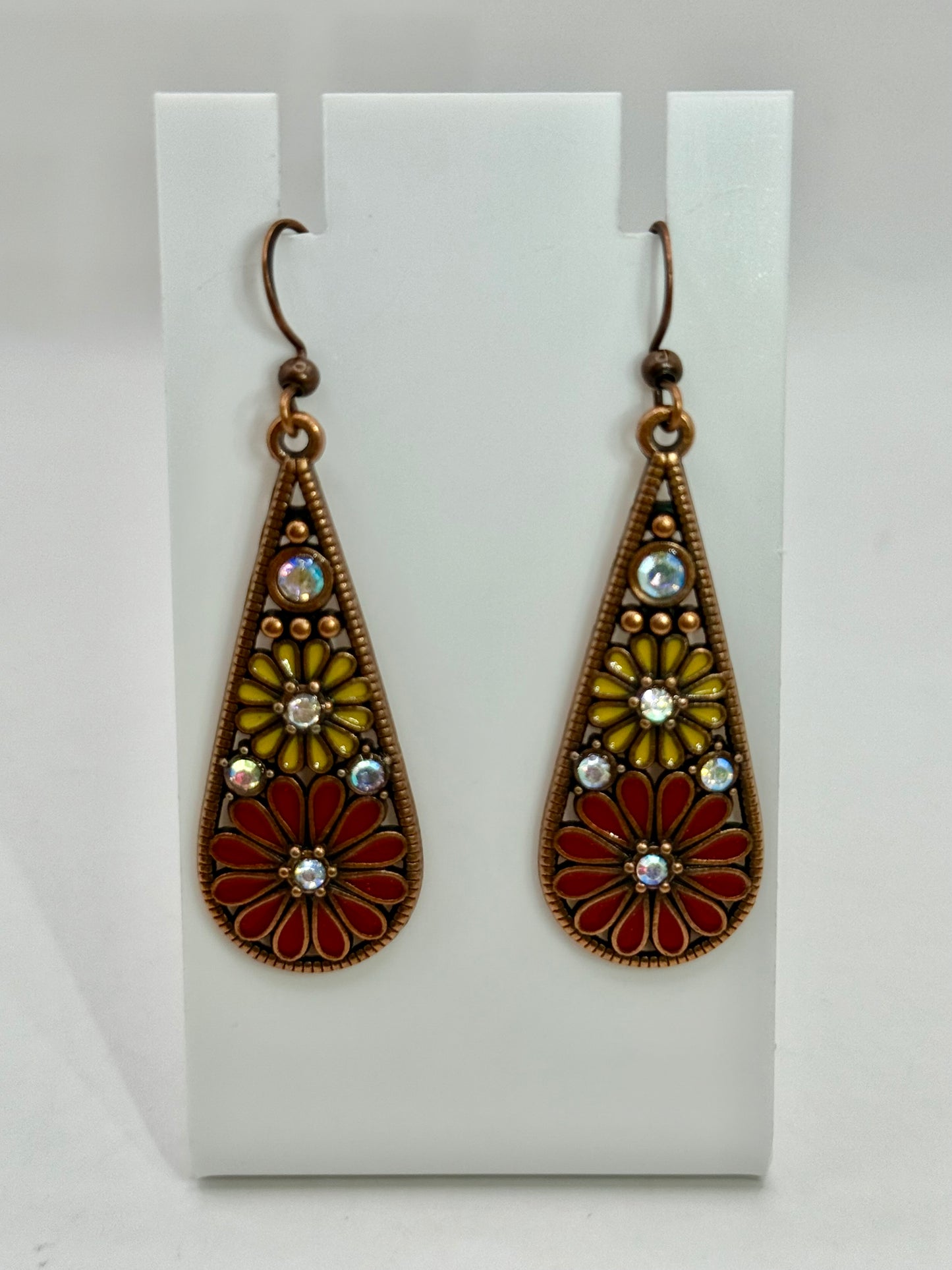 Boho Flower Drop Earrings – Retro Teardrop Earrings with Red & Yellow Enamel, Vintage Style Dangle Jewelry, Gift for Her